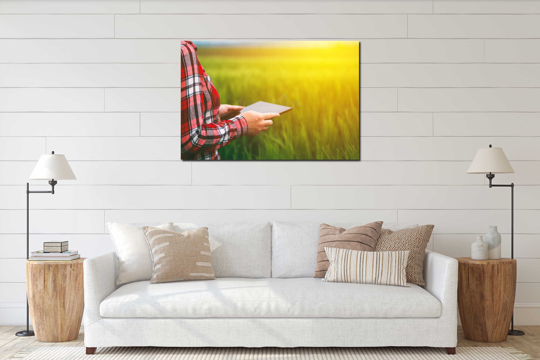 Female farmer using tablet in wheat crop field interior mockup