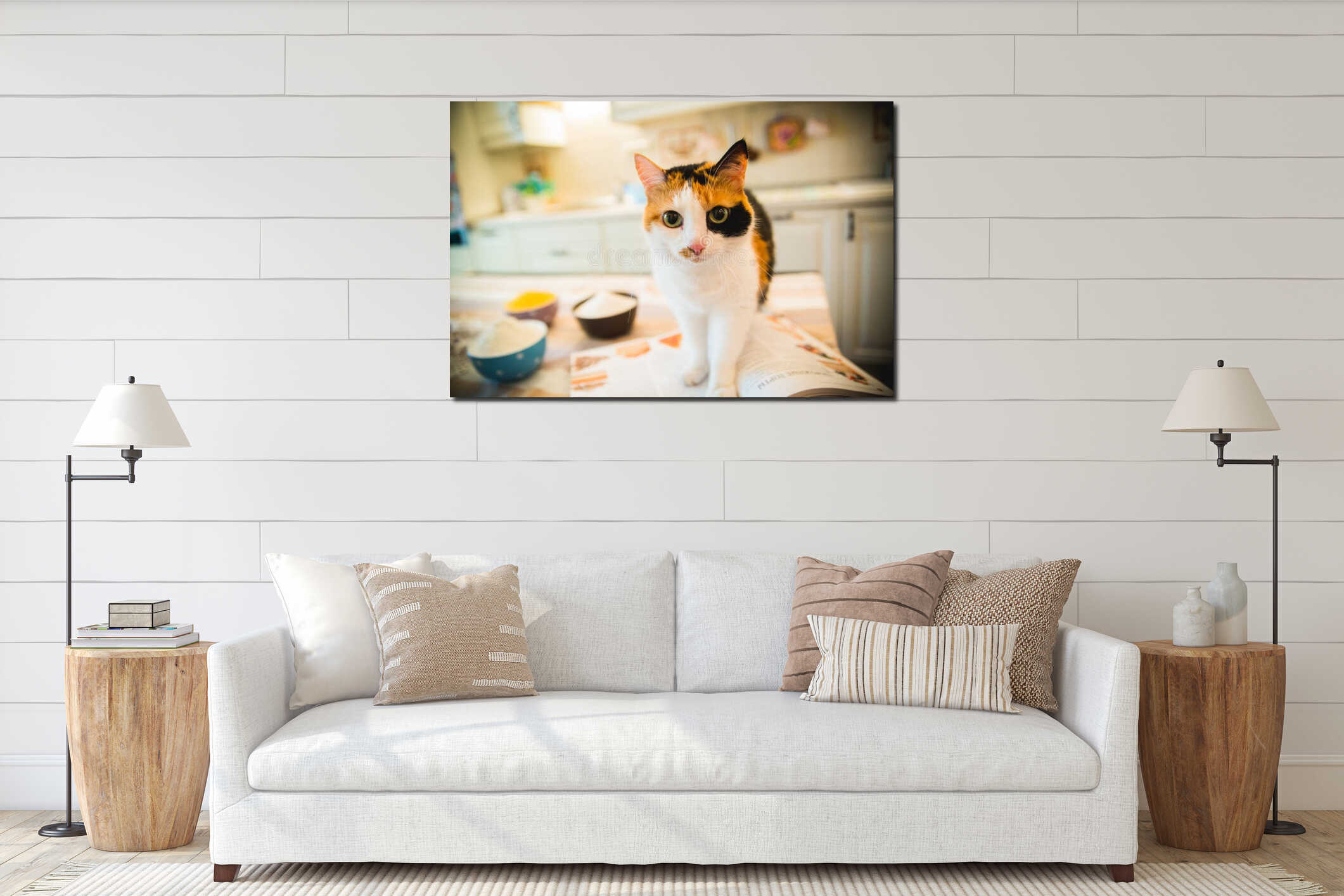Cute cat standing on the table and looking interior mockup