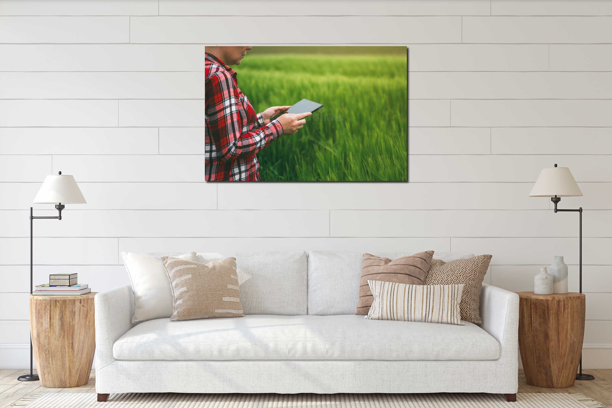 Female farmer using tablet computer in wheat crop field interior mockup