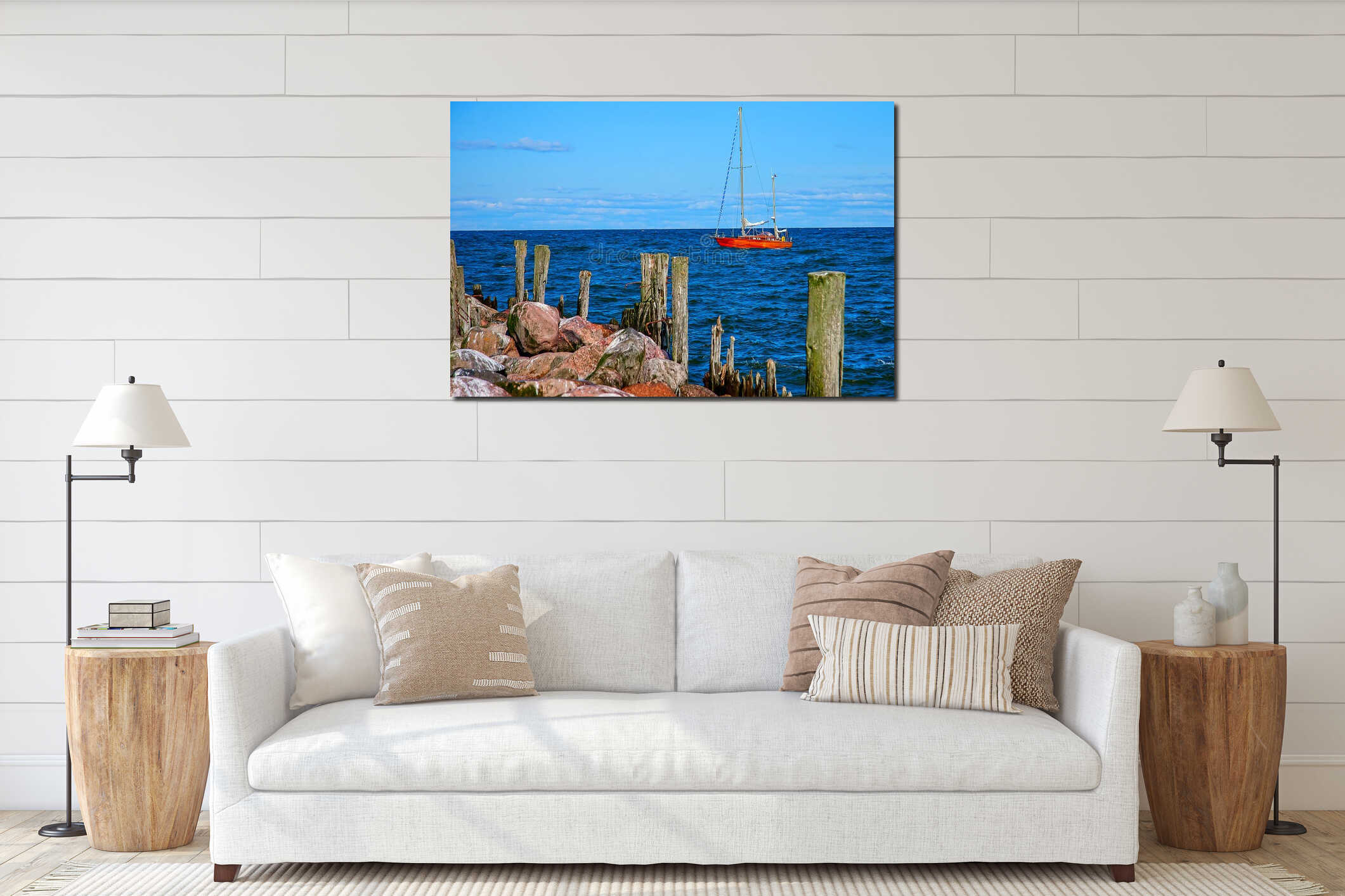 Yacht with lowered sails interior mockup