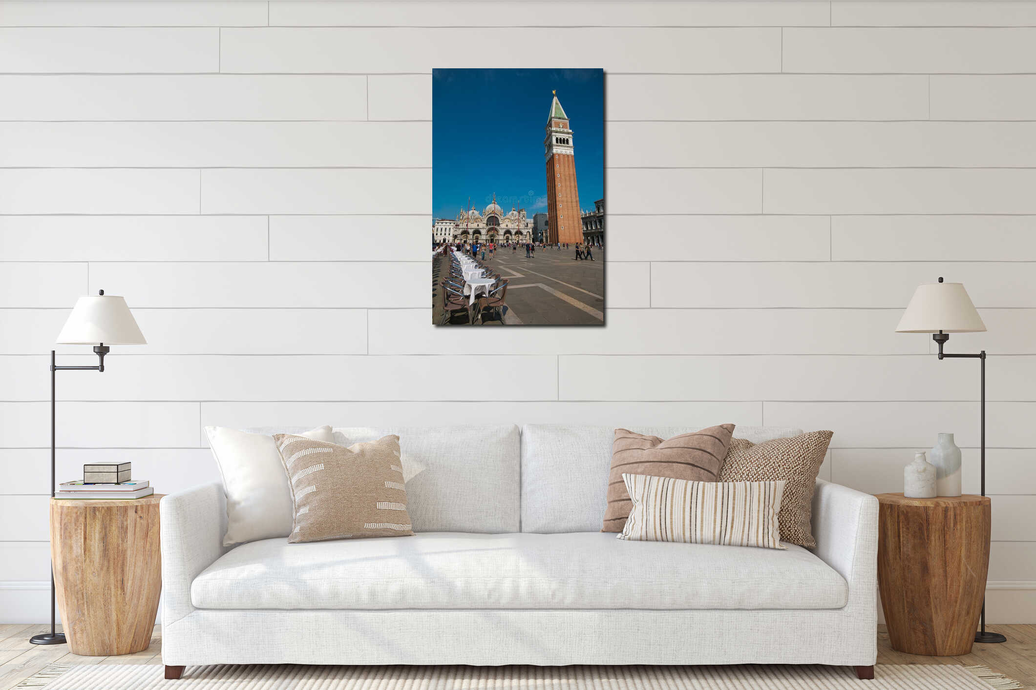 Restaurant in St Mark`s Square Piazza San Marco and church, Venice interior mockup
