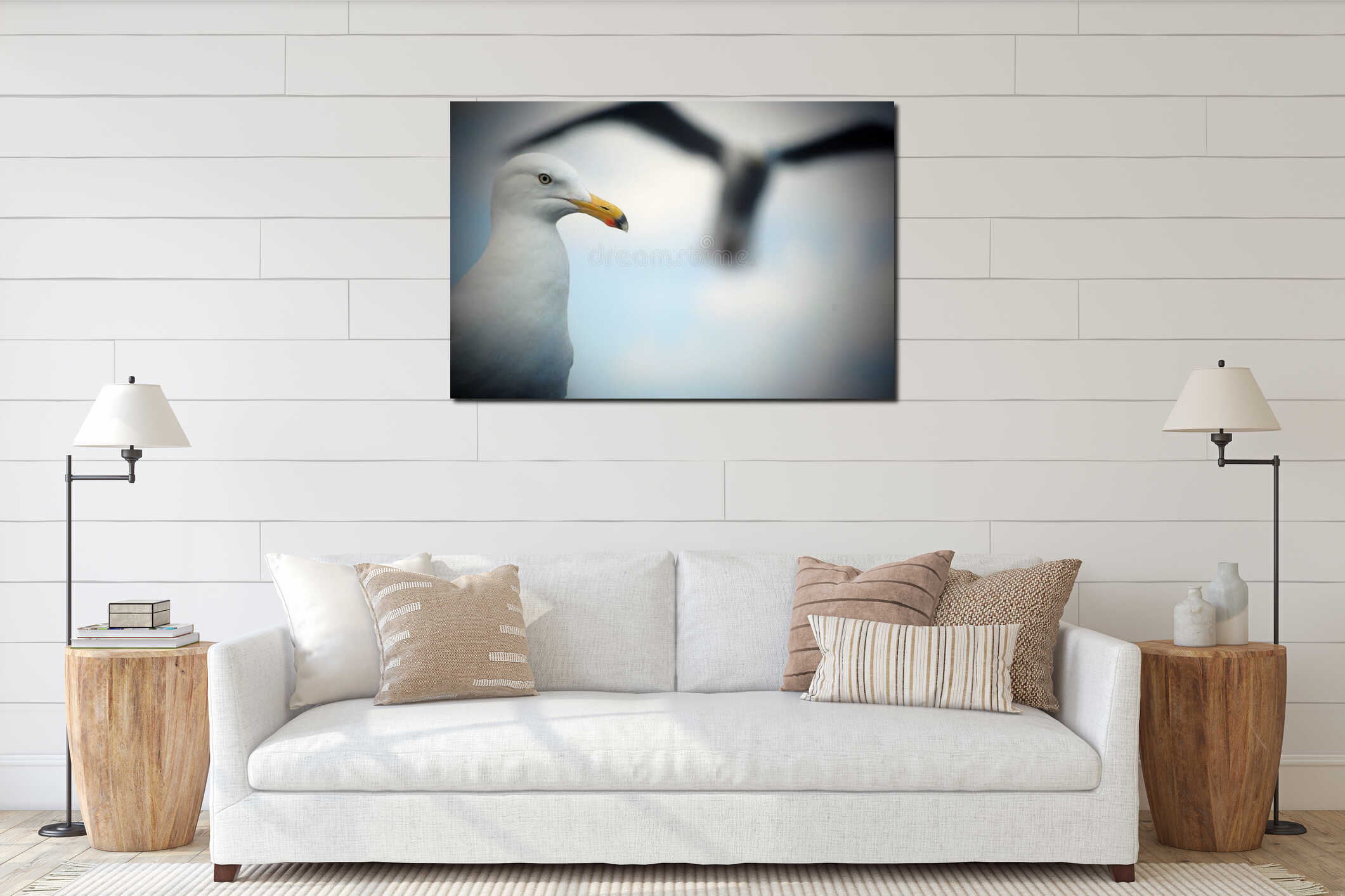 Up close seagull flying in sky interior mockup