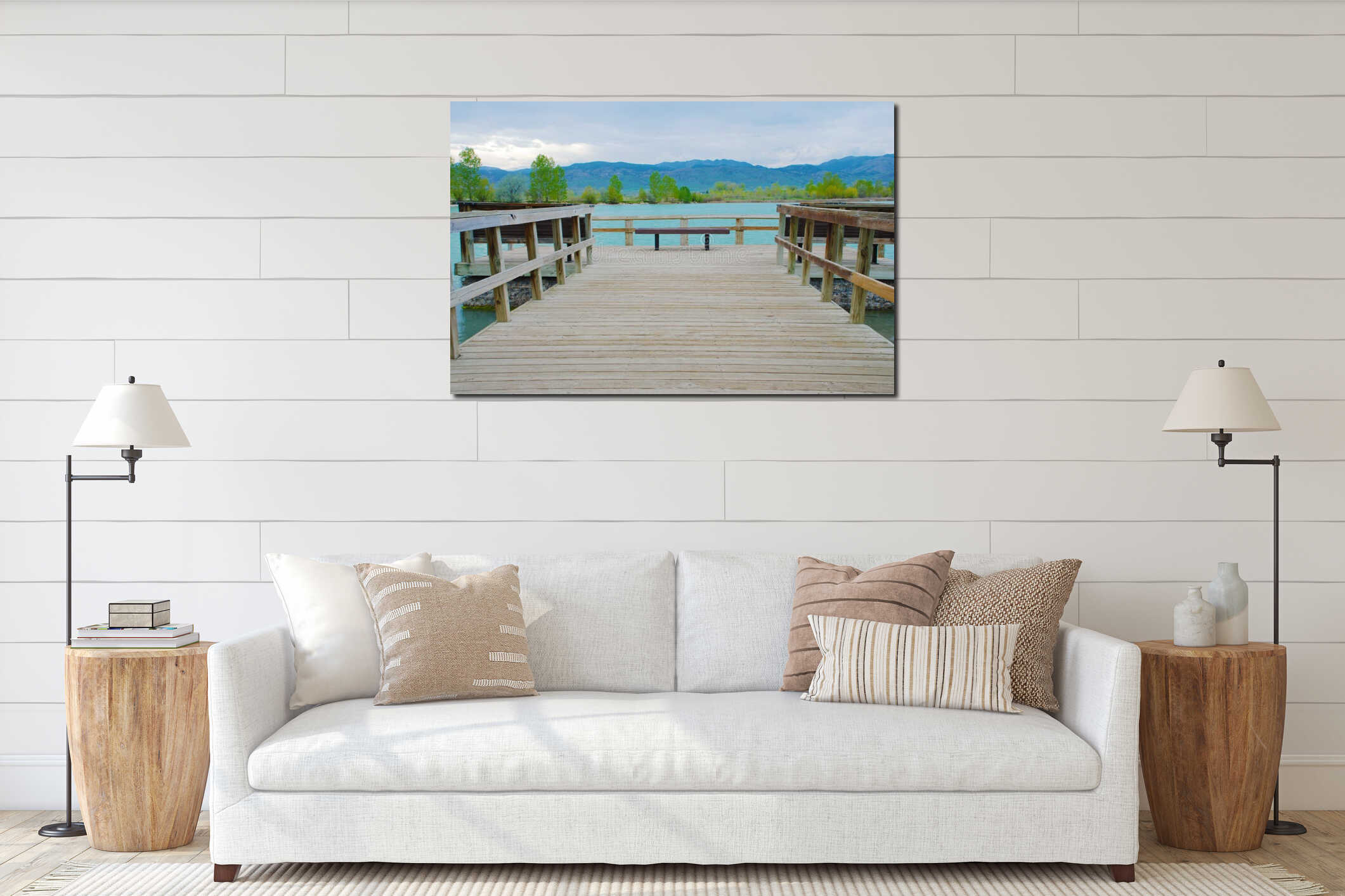 Inviting Lake Pier With View of Purple Mountains interior mockup