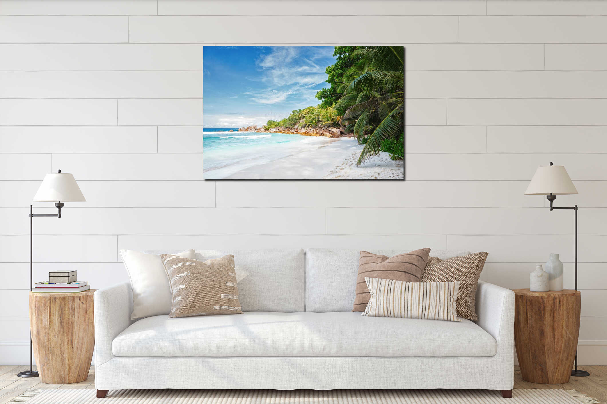 Empty tropical beach with Coconut palm trees, La Digue, Seychelles interior mockup