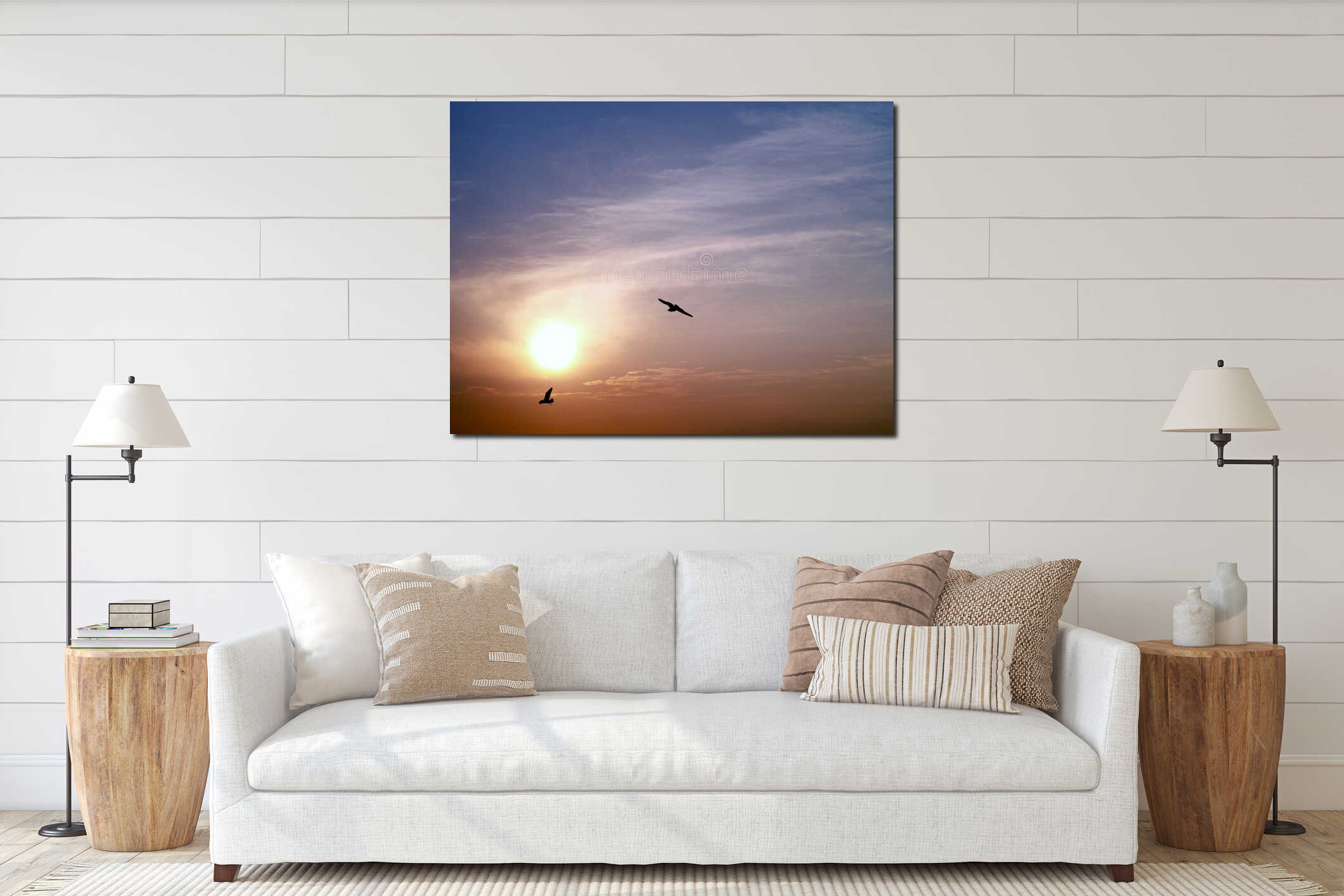 Sunset with silhouette of two seagull birds flying interior mockup