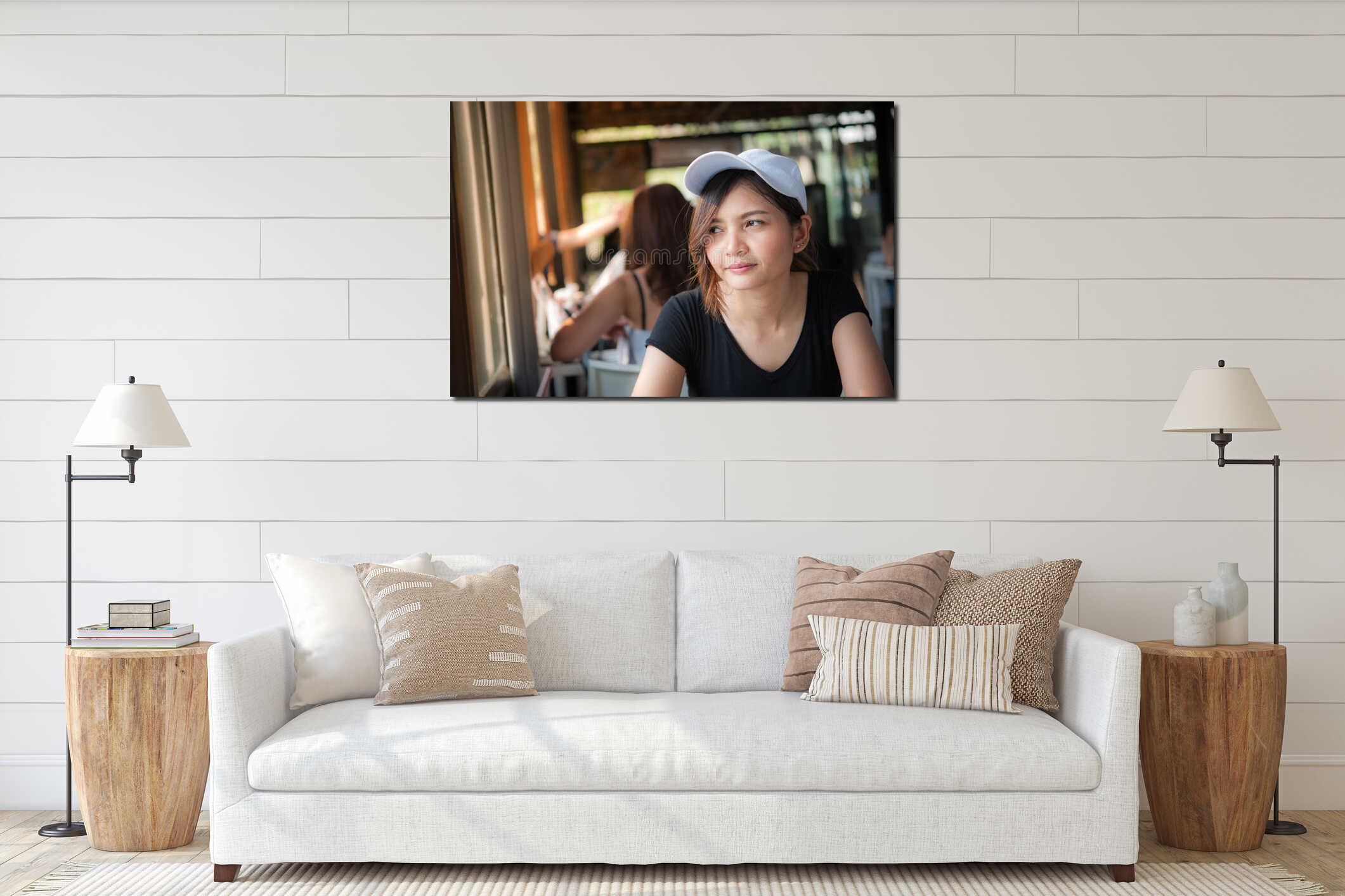 Happy young tourist ,portrait charming young woman with friendly interior mockup