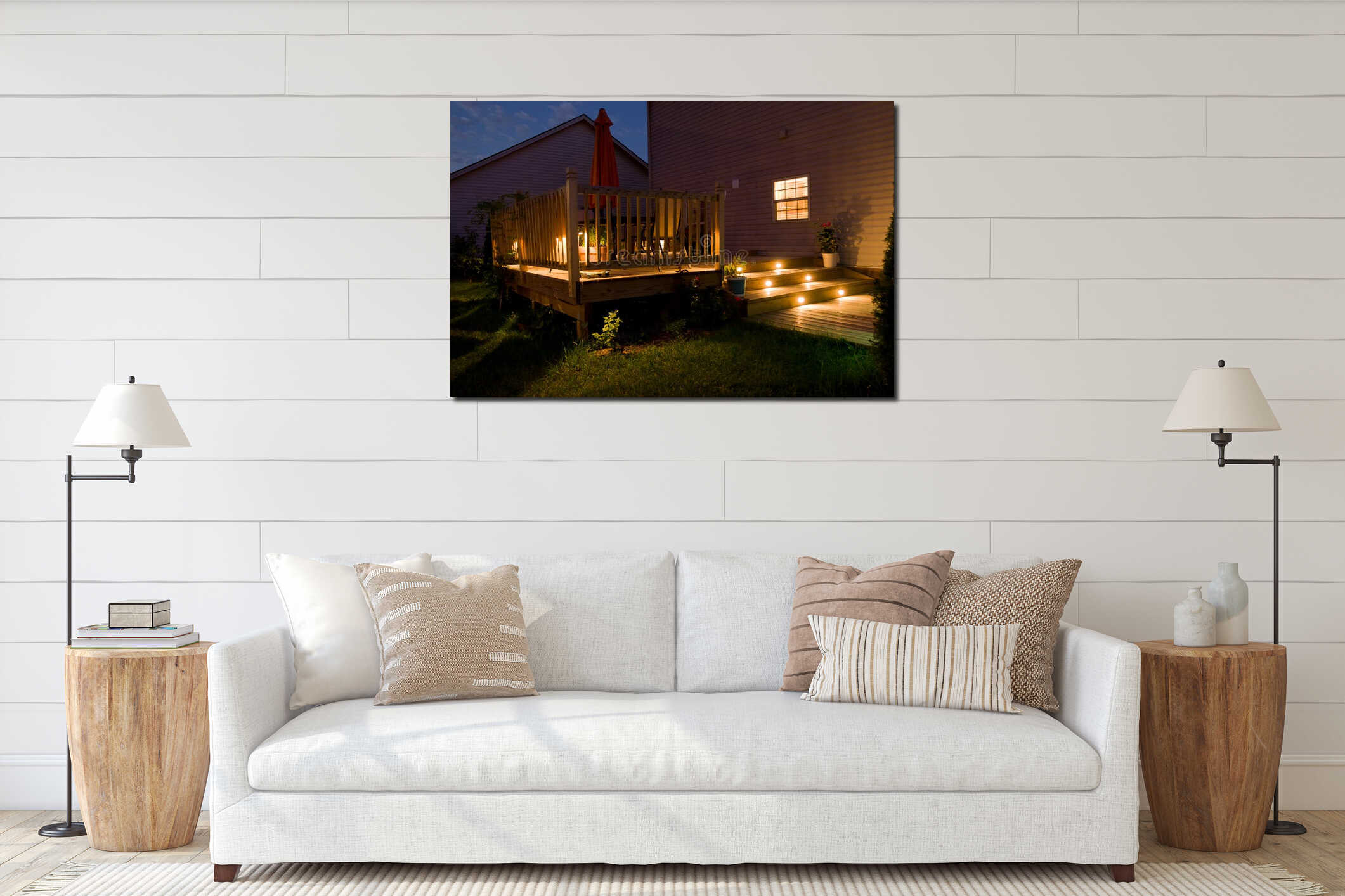 Wooden deck and patio of family home at night. interior mockup