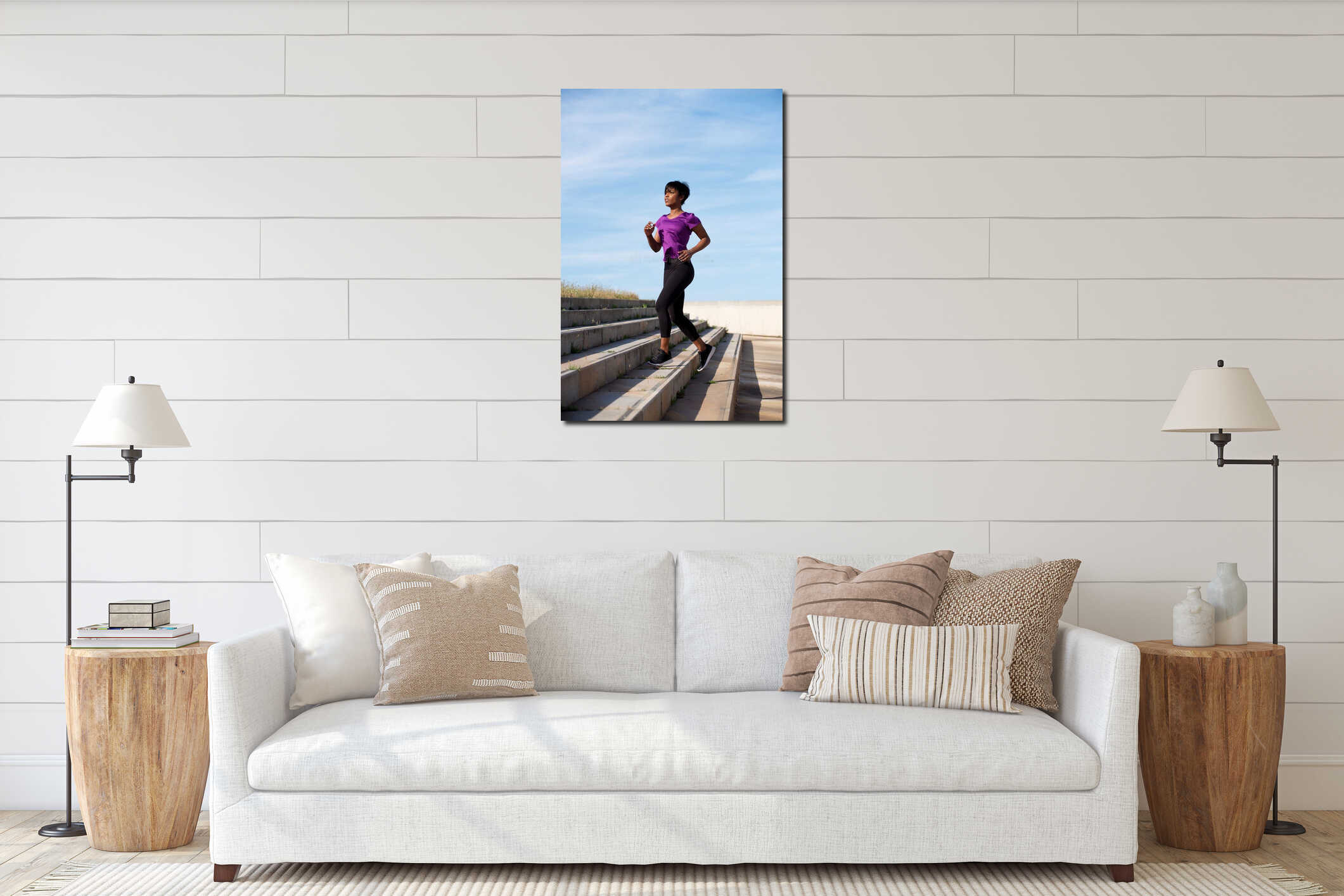 Fit young african woman running up stairs interior mockup
