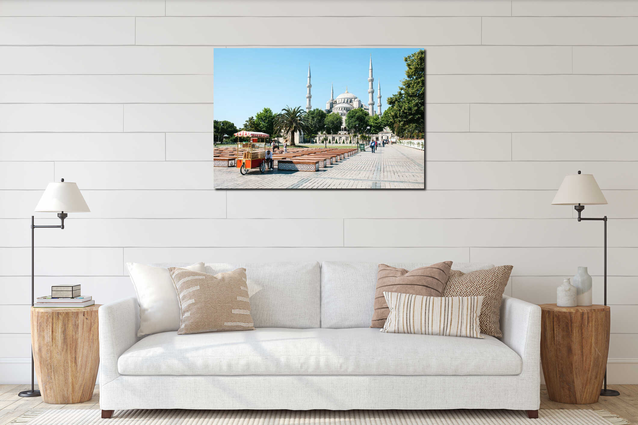 Istanbul, June 16, 2017: The world-famous Blue Mosque in Istanbul is also called Sultanahmet. Turkey. The seller on the interior mockup