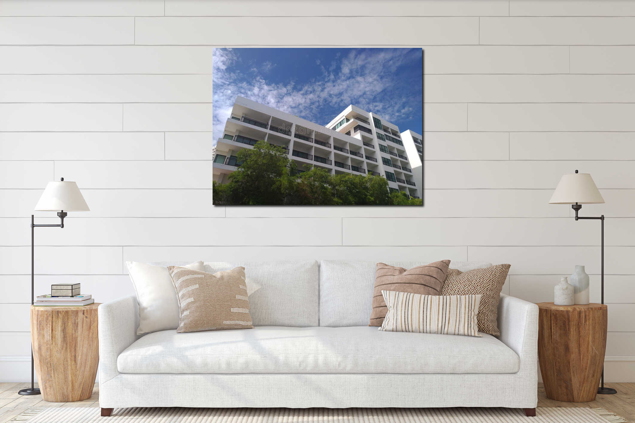 The large building with blue sky cloud and tree interior mockup