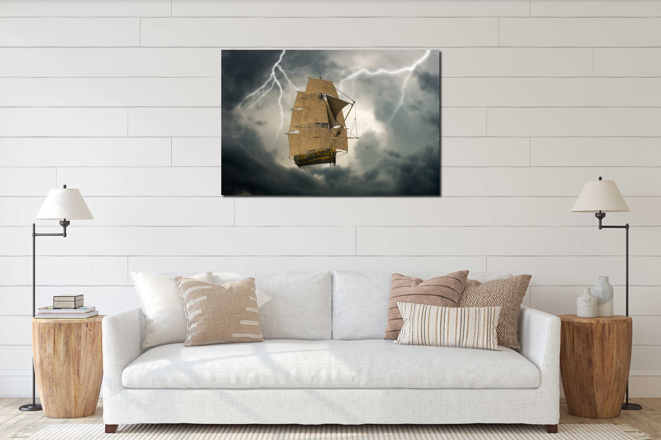 Surreal Tall Sailing Ship, Clouds interior mockup