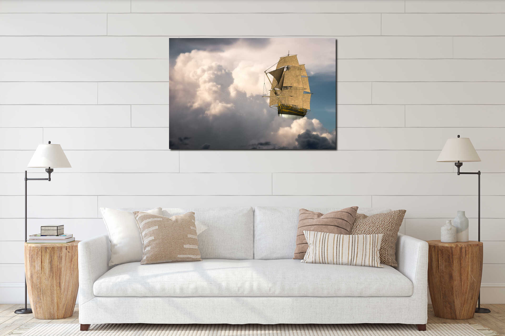 Surreal Tall Sailing Ship, Clouds interior mockup
