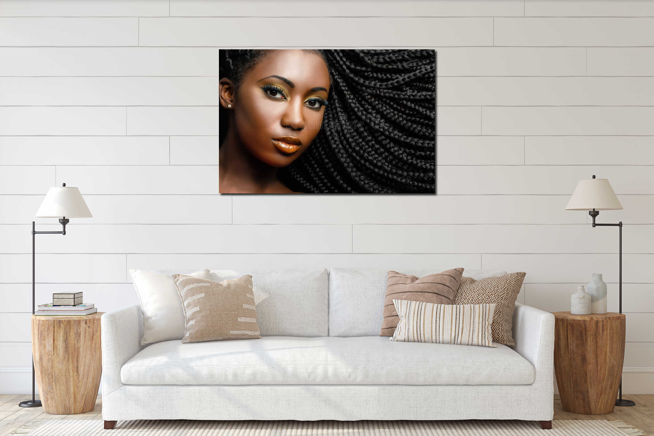 African cosmetic portrait of woman showing braided hairstyle. interior mockup