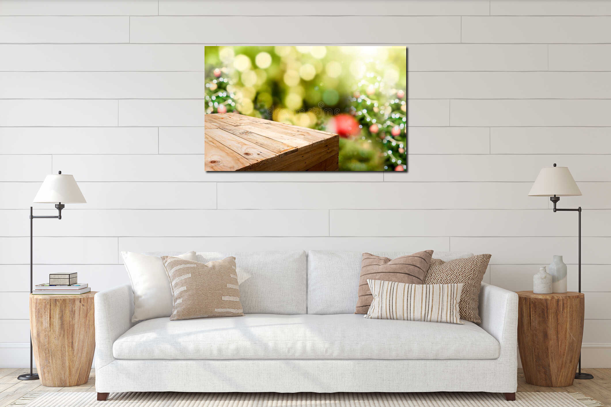 Empty wood plank food stand with blur Christmas tree bokeh light interior mockup