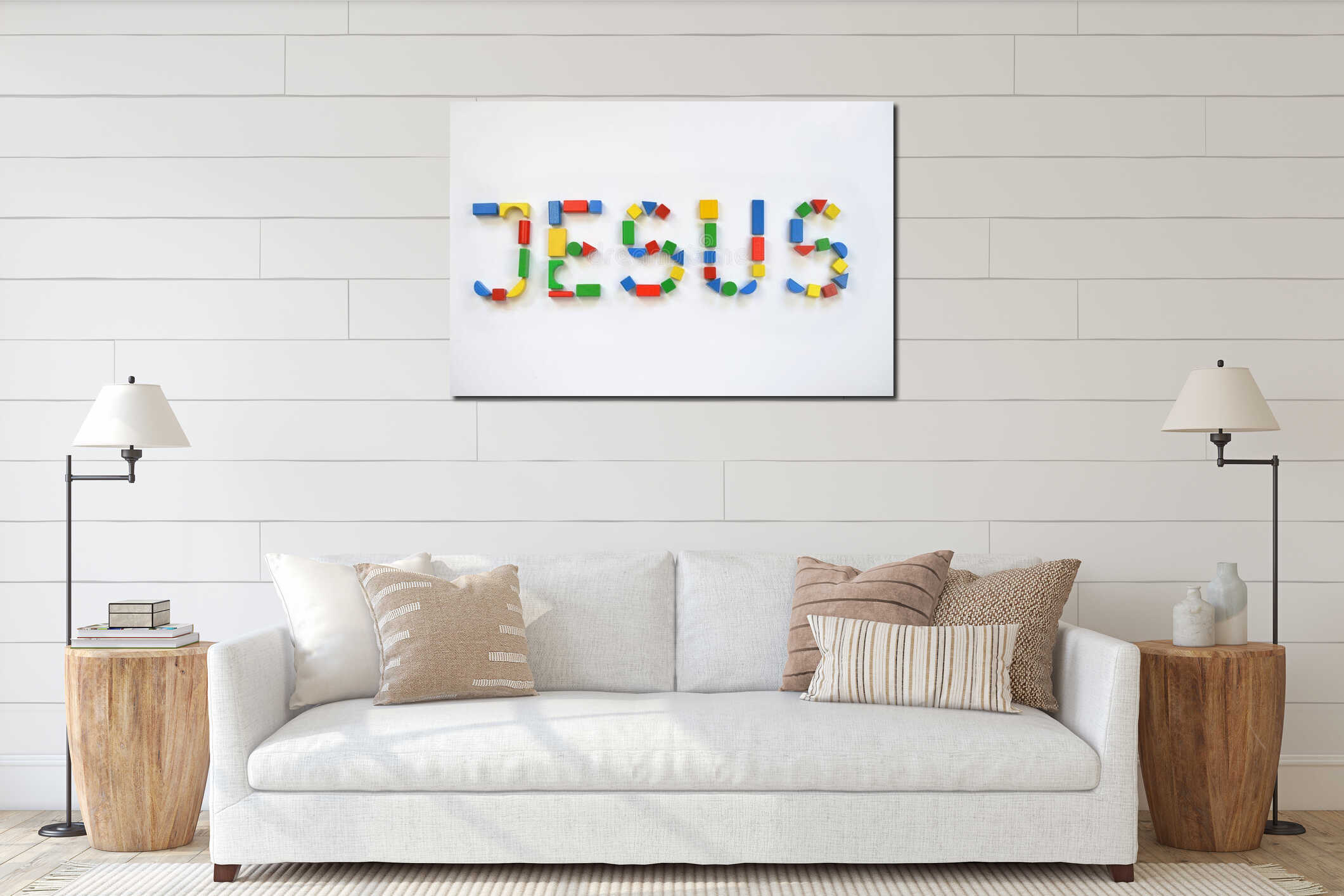 Colorful wooden toy blocks lettering JESUS interior mockup