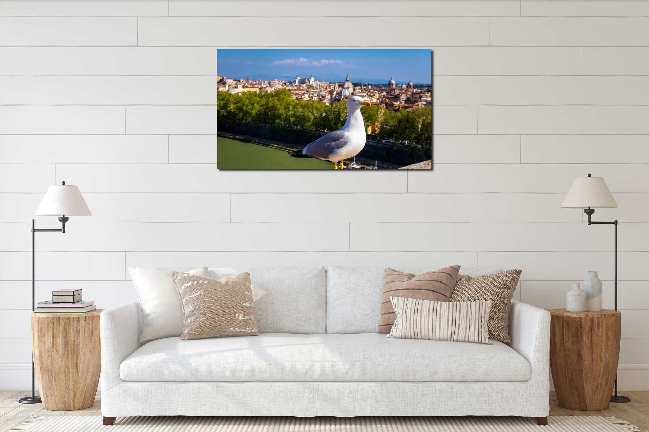 Gull on the outlook above historical center of Rome. Seagull sta interior mockup