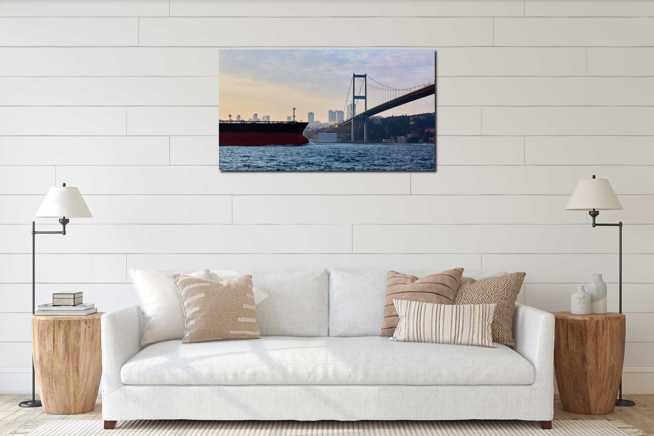 Turkey, Istanbul, Bosphorus Channel, Bosphorus Bridge, an cargo ship under the Bridge. interior mockup