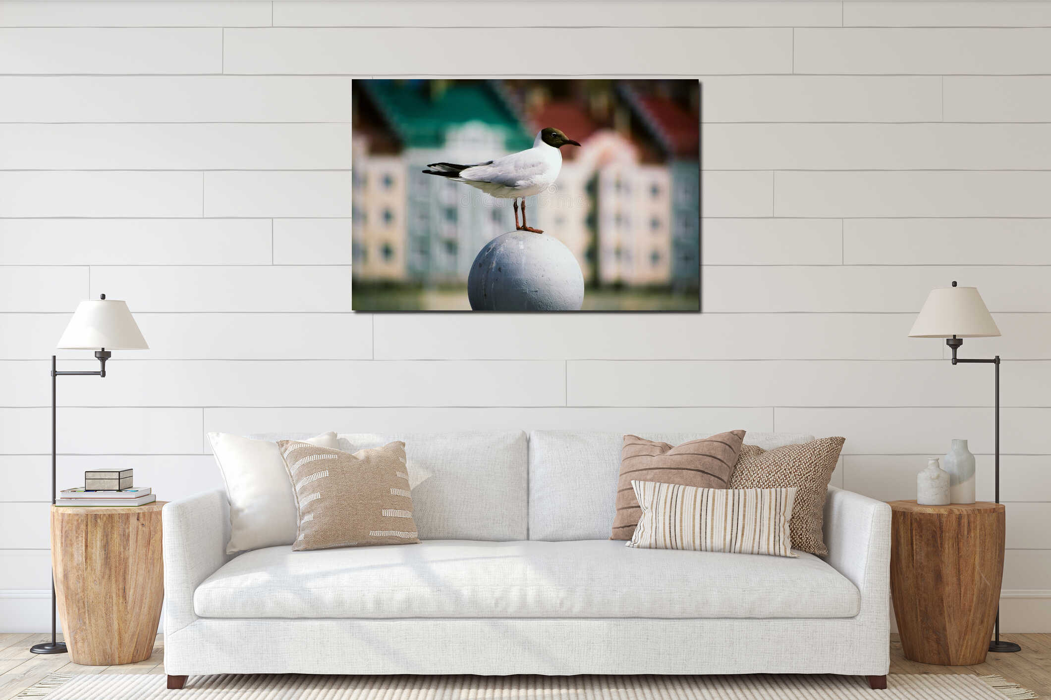 Seagull stands on the background of houses interior mockup