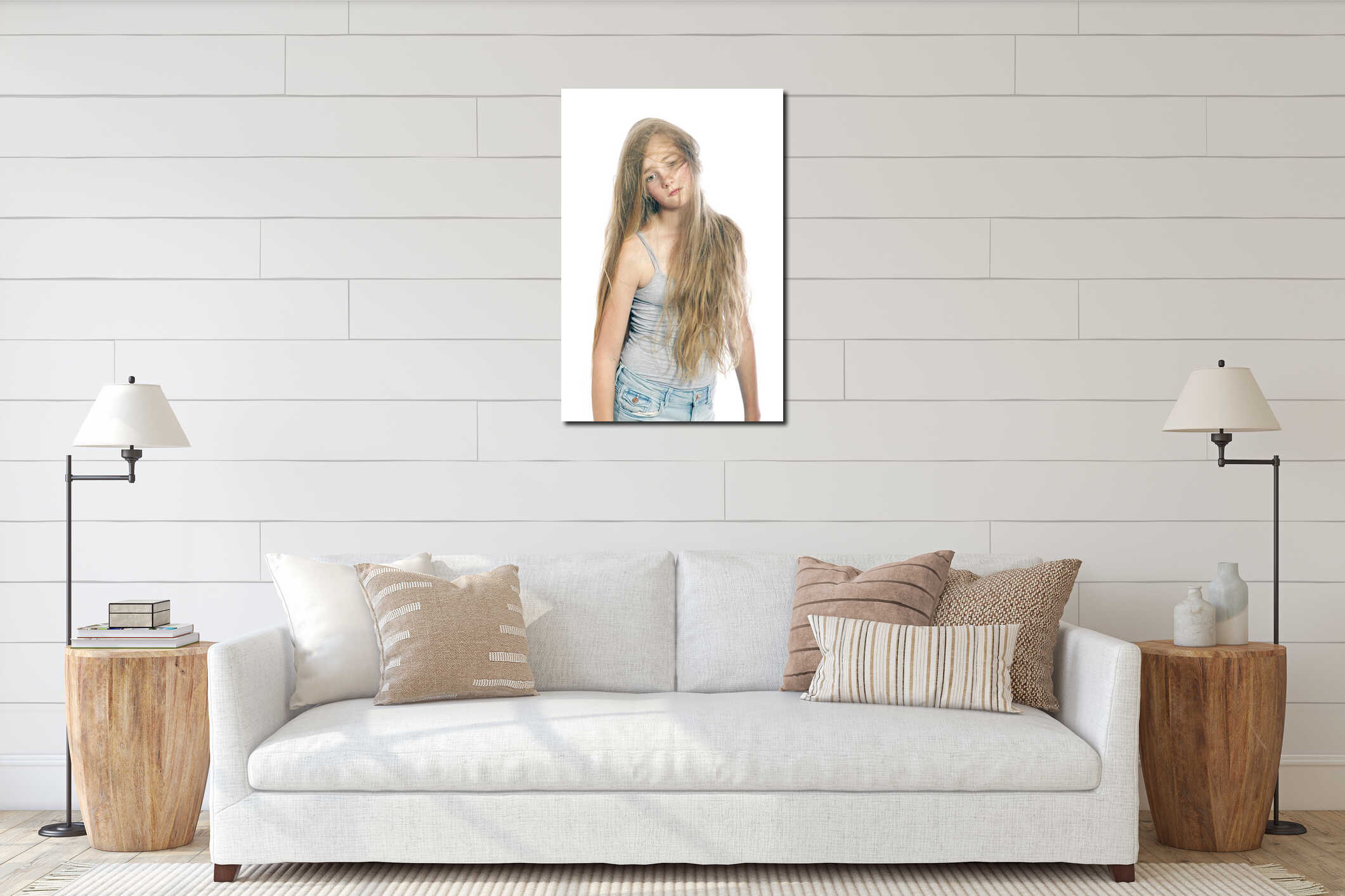 Young sad teen girl hides behind blond wavy hair against white b interior mockup