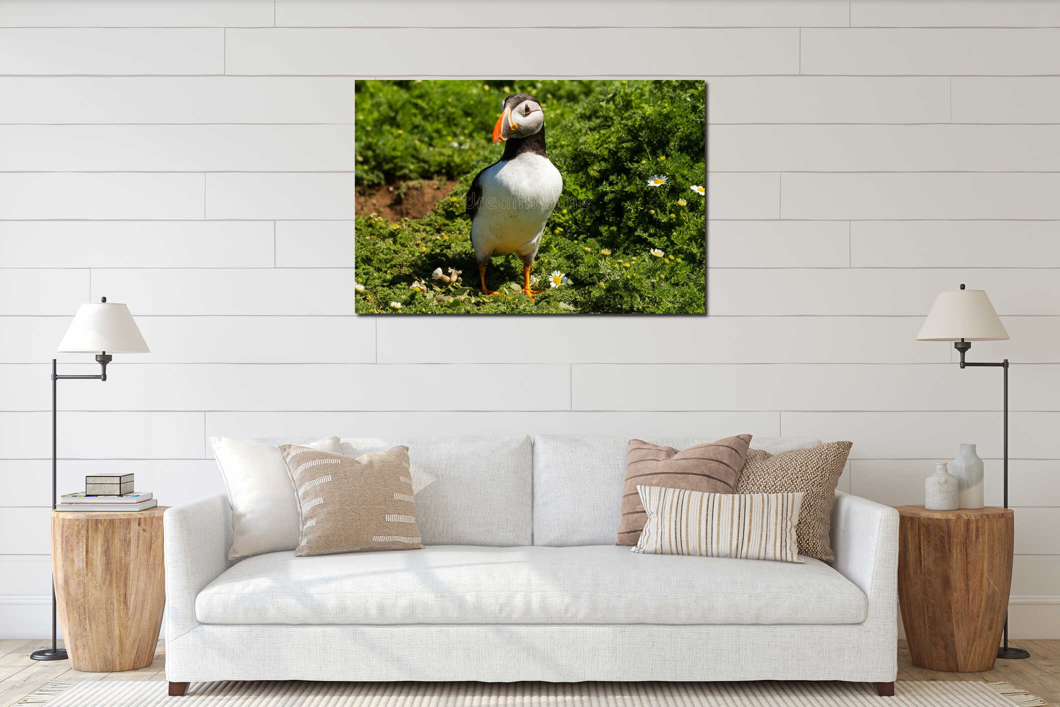 Puffin in grass with spring flowers interior mockup