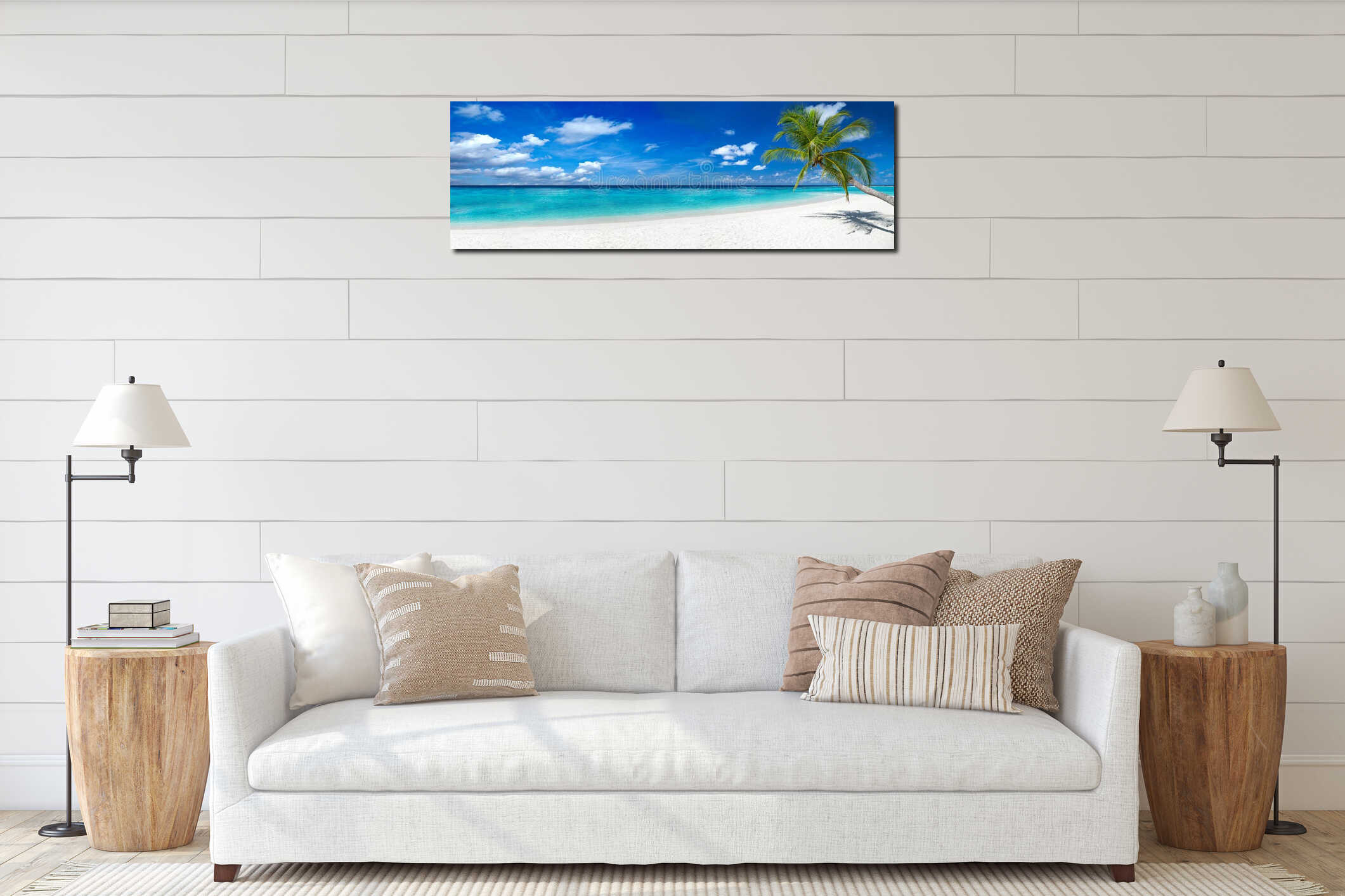 Coco palm on tropical paradise beach interior mockup