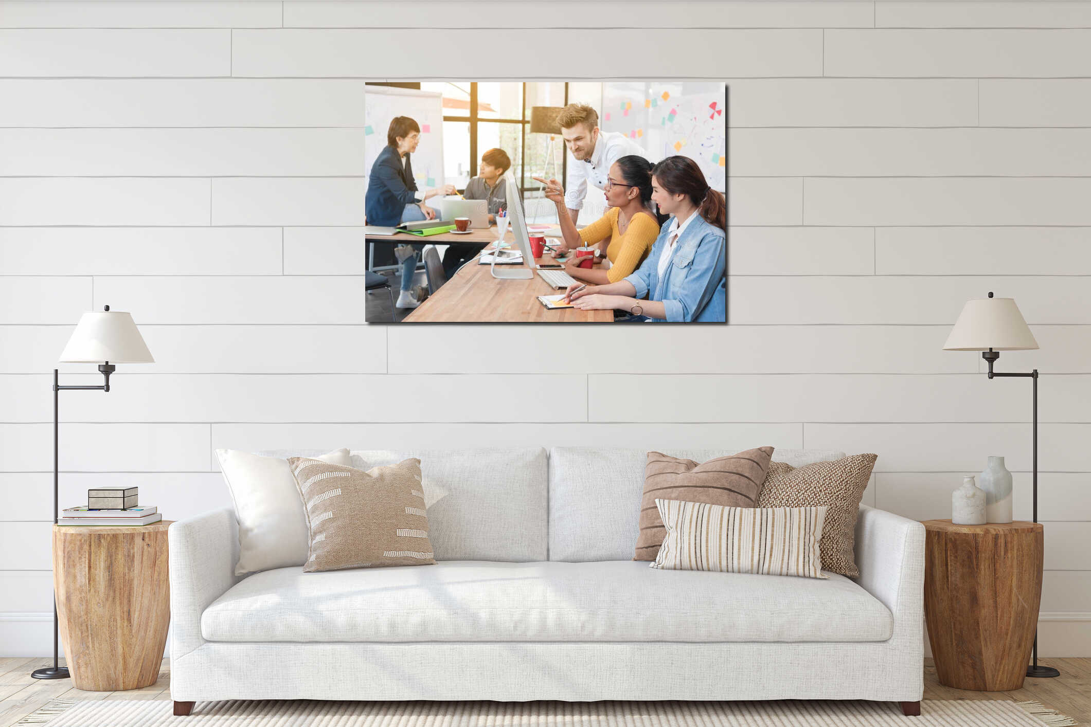 Group of five multi generation of creative work place, modern st interior mockup