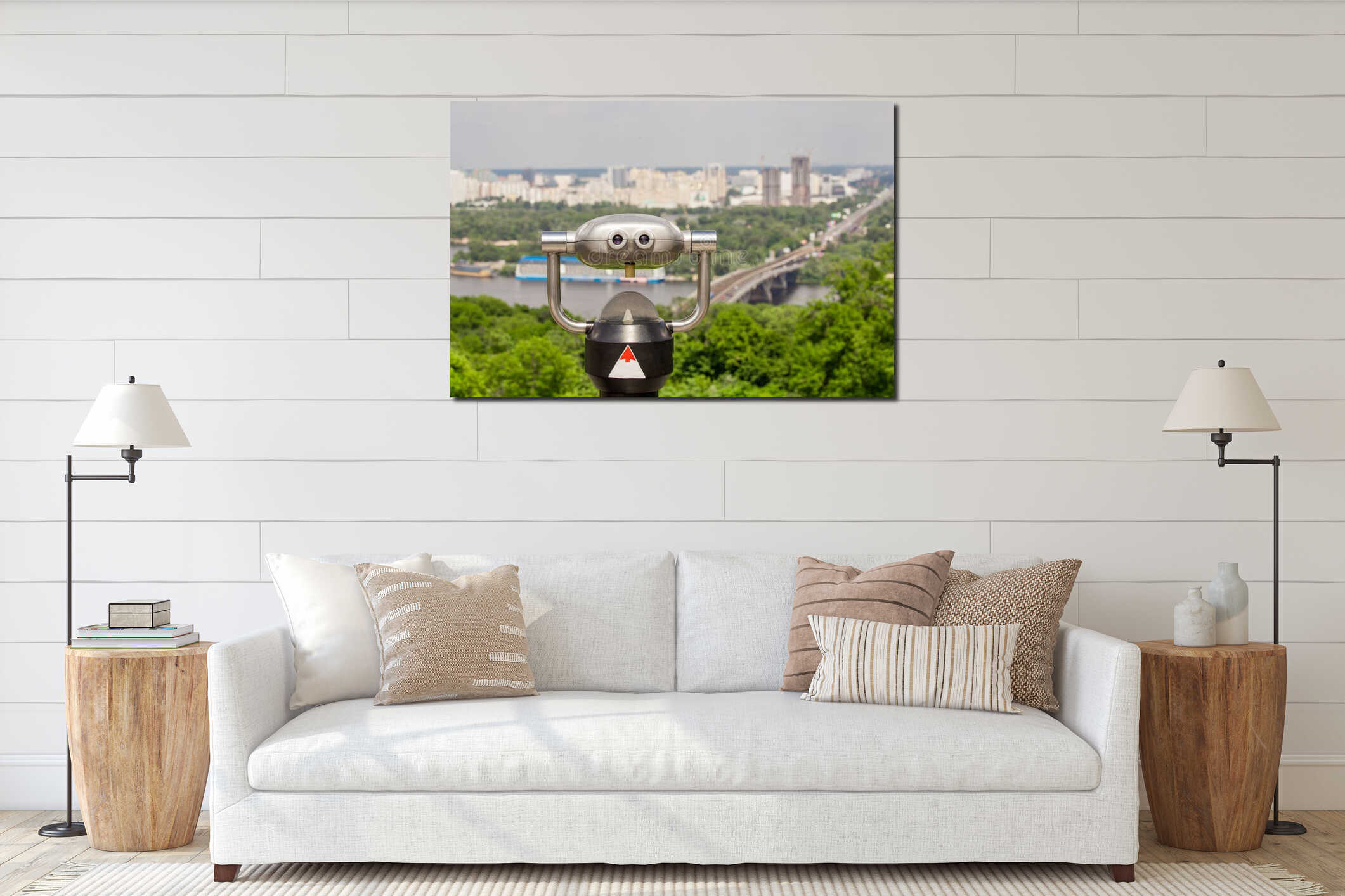 Stationary observation binoculars , metropolis landscape on the interior mockup