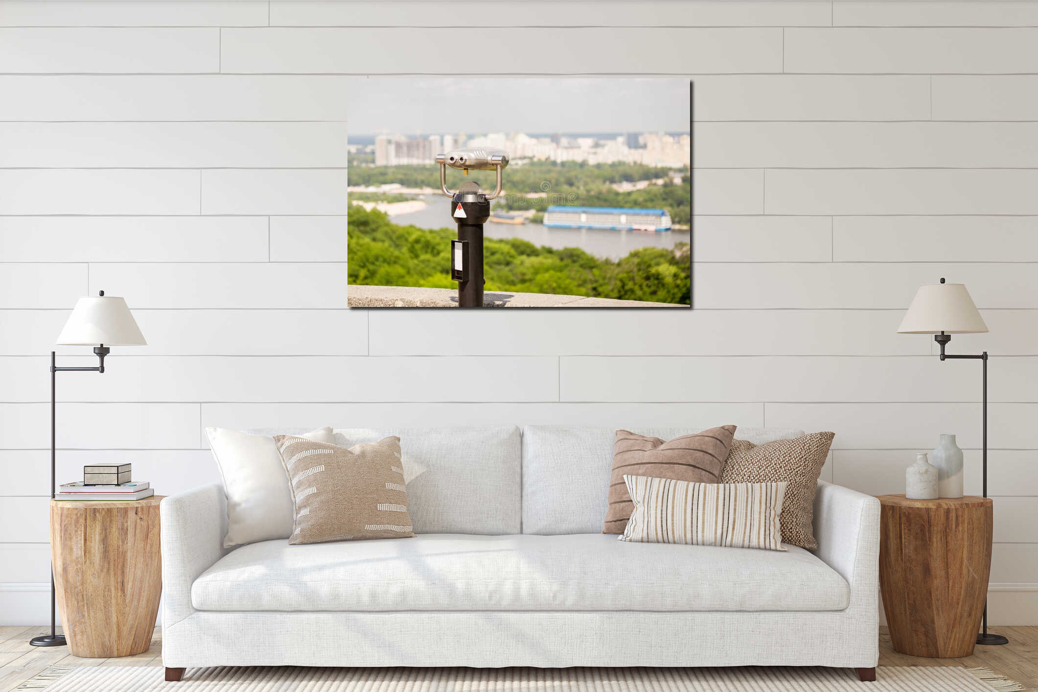 Stationary observation binoculars , metropolis landscape on the interior mockup