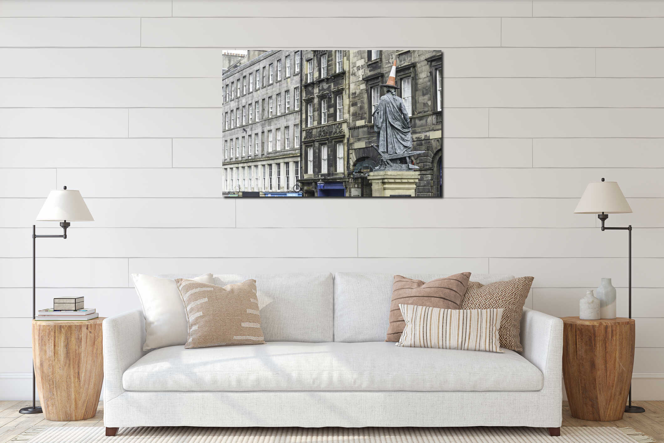 View of Adam Smith statue in Royal Mile street Edinburgh interior mockup