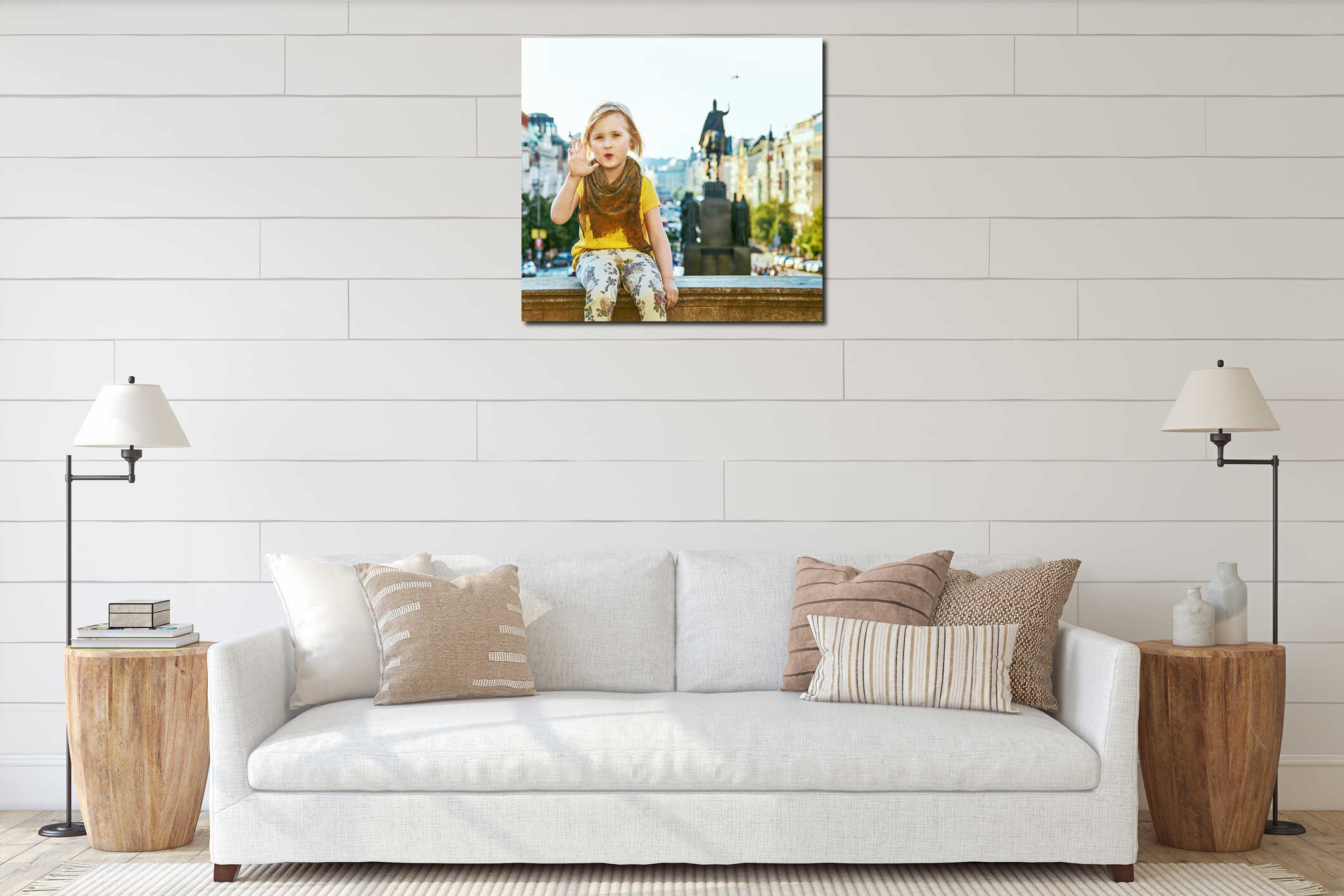 Child on Vaclavske namesti in Prague Czech Republic handwaving interior mockup