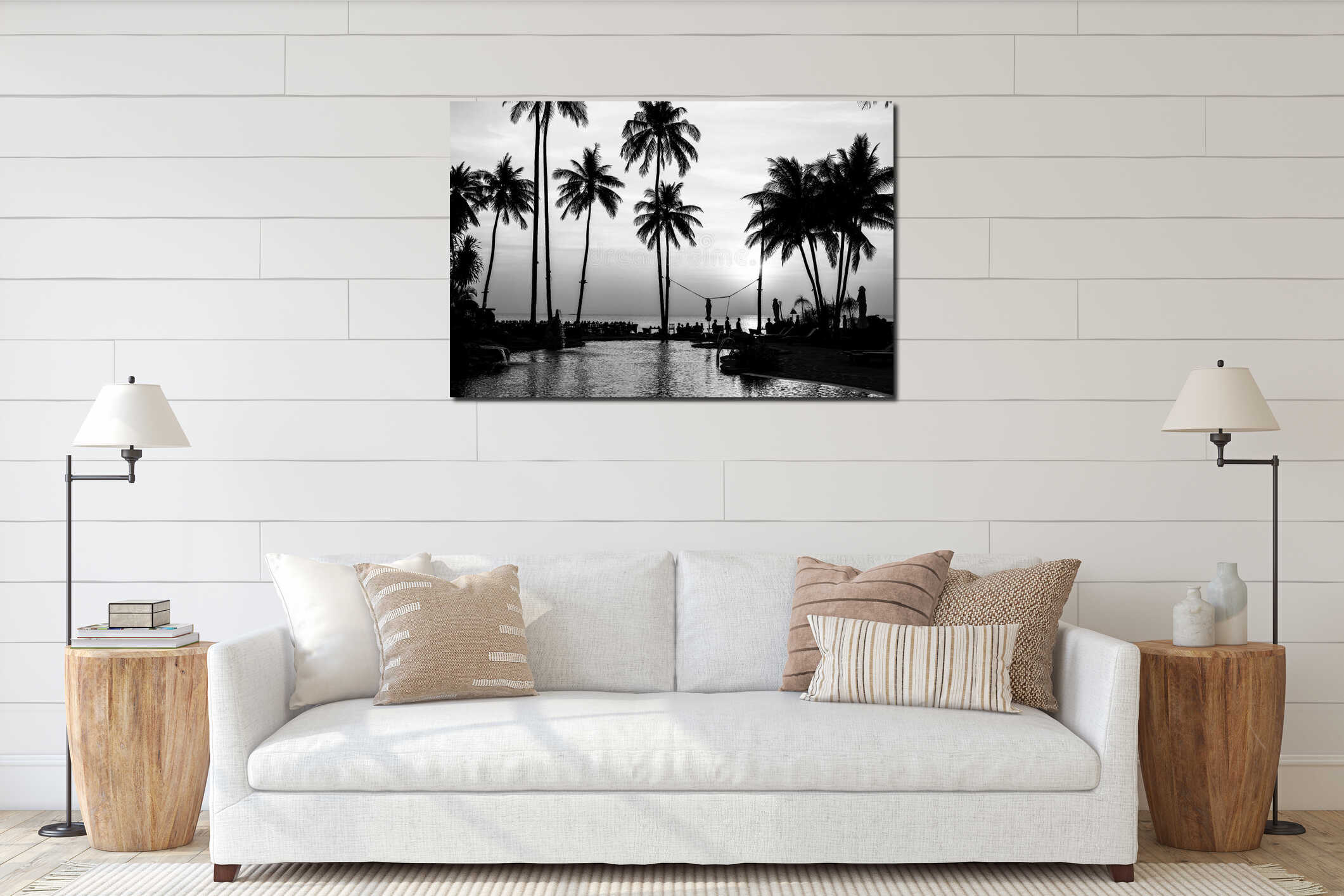 Black and white palm trees silhouettes on tropical beach. Nature. interior mockup