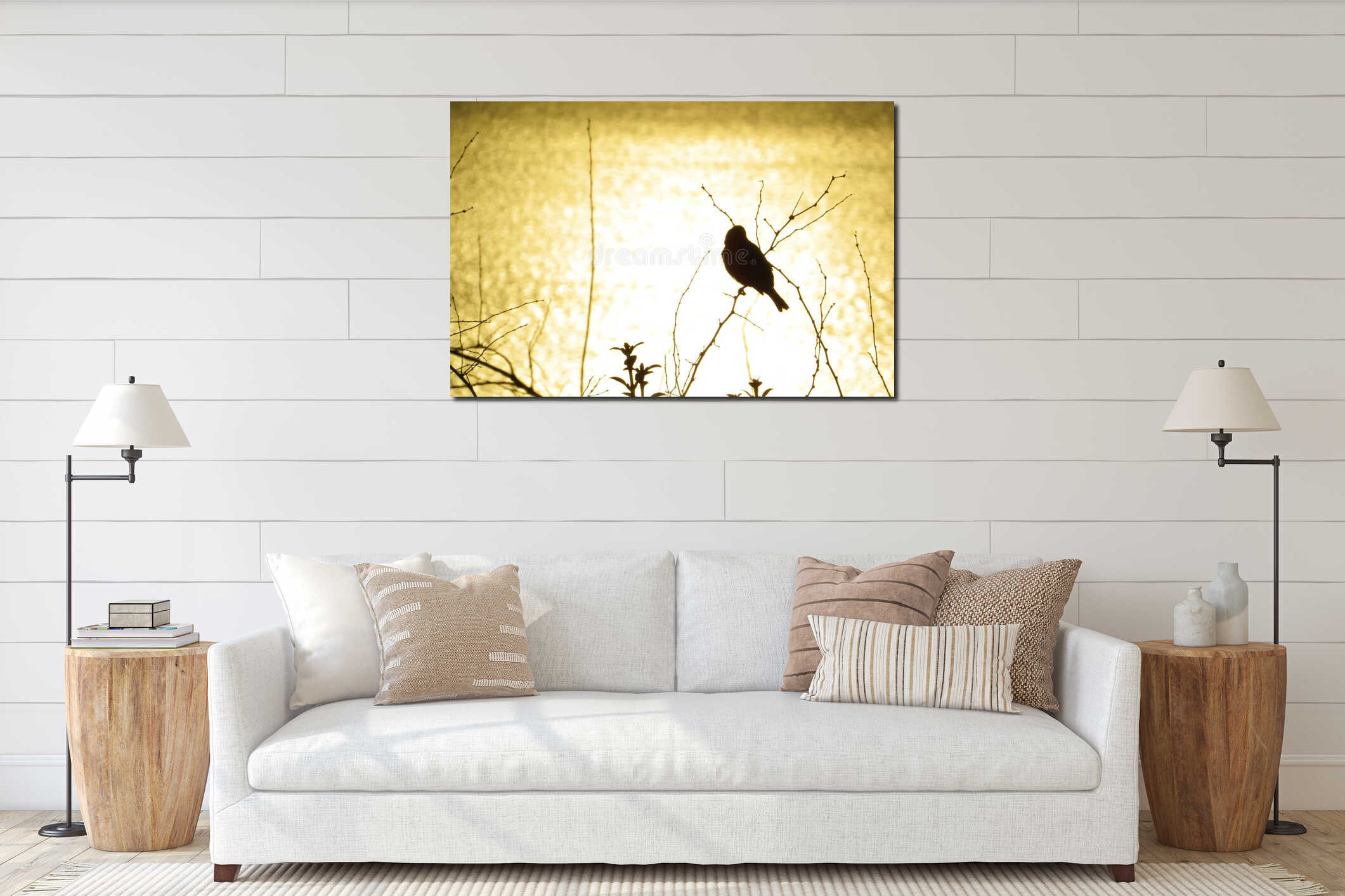 Birds and bushes silhouettes on a sunset yellow lake background interior mockup