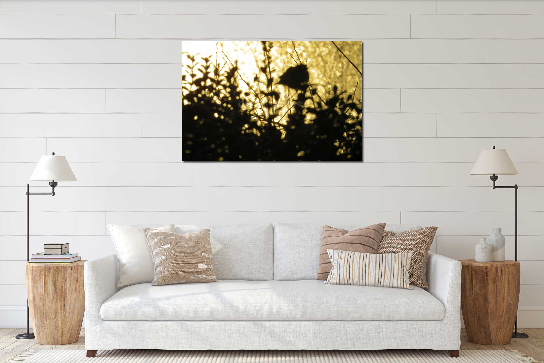 Birds and bushes silhouettes on a sunset yellow lake background interior mockup