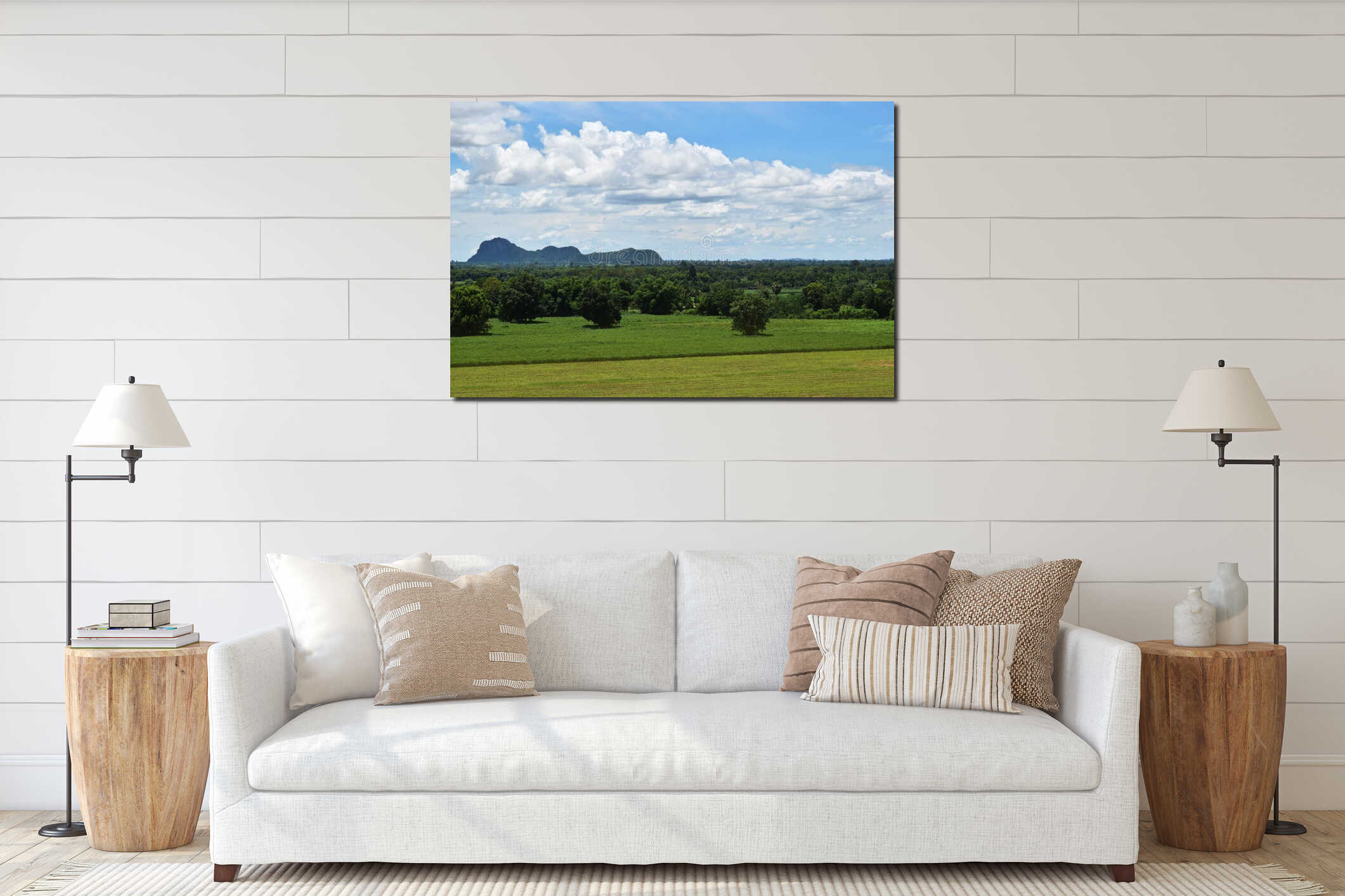 Mountain meadow background and bright sky in spring.. interior mockup