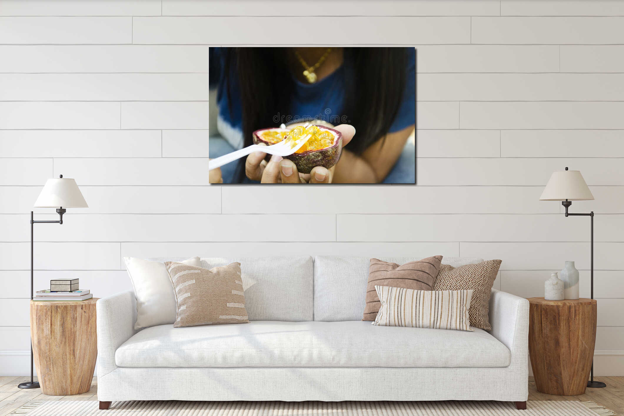 Asian thai woman sit and eating passion fruit interior mockup
