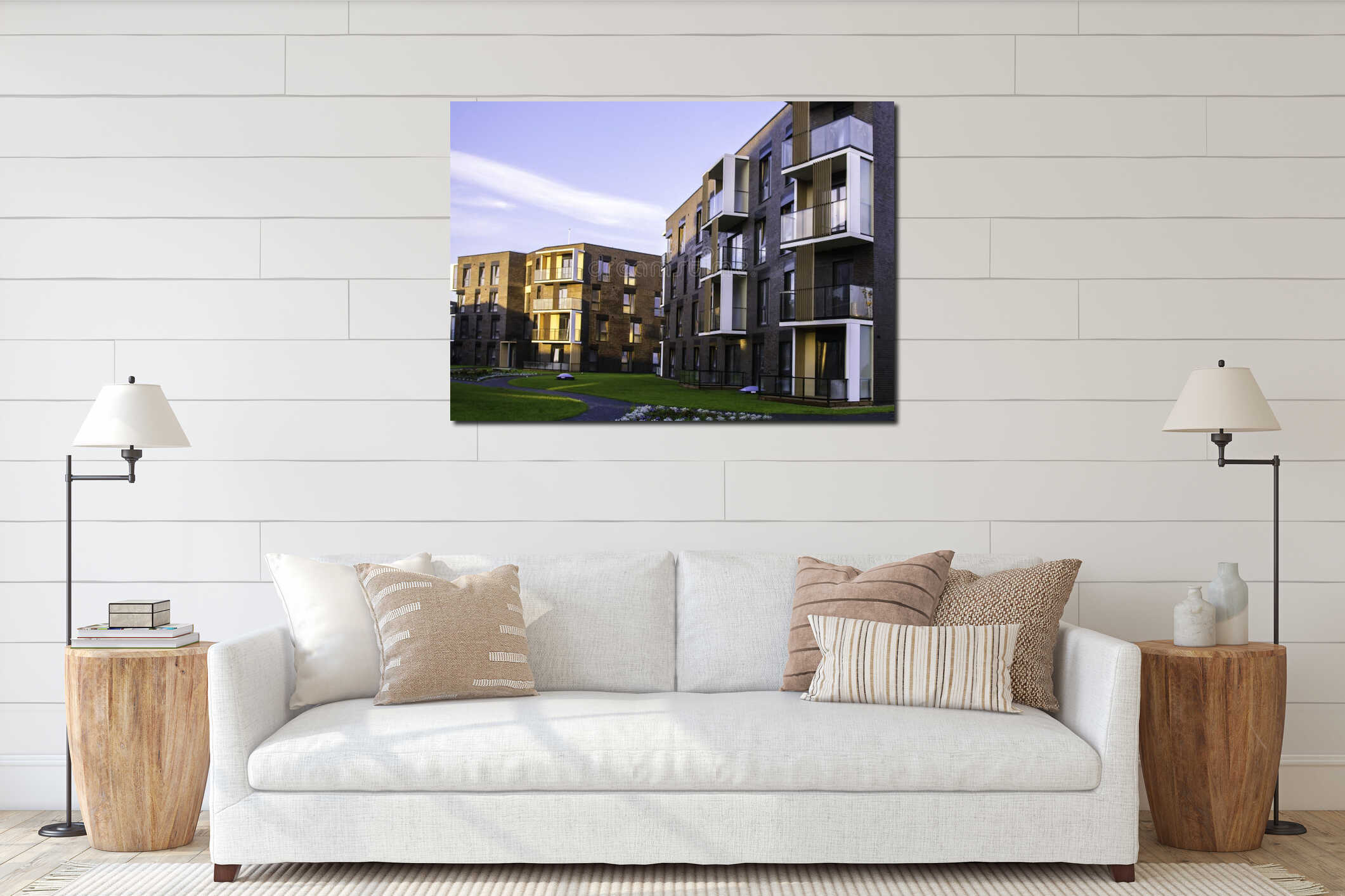 New modern apartment complex in Vilnius, Lithuania, modern low rise european building complex with outdoor facilities. interior mockup