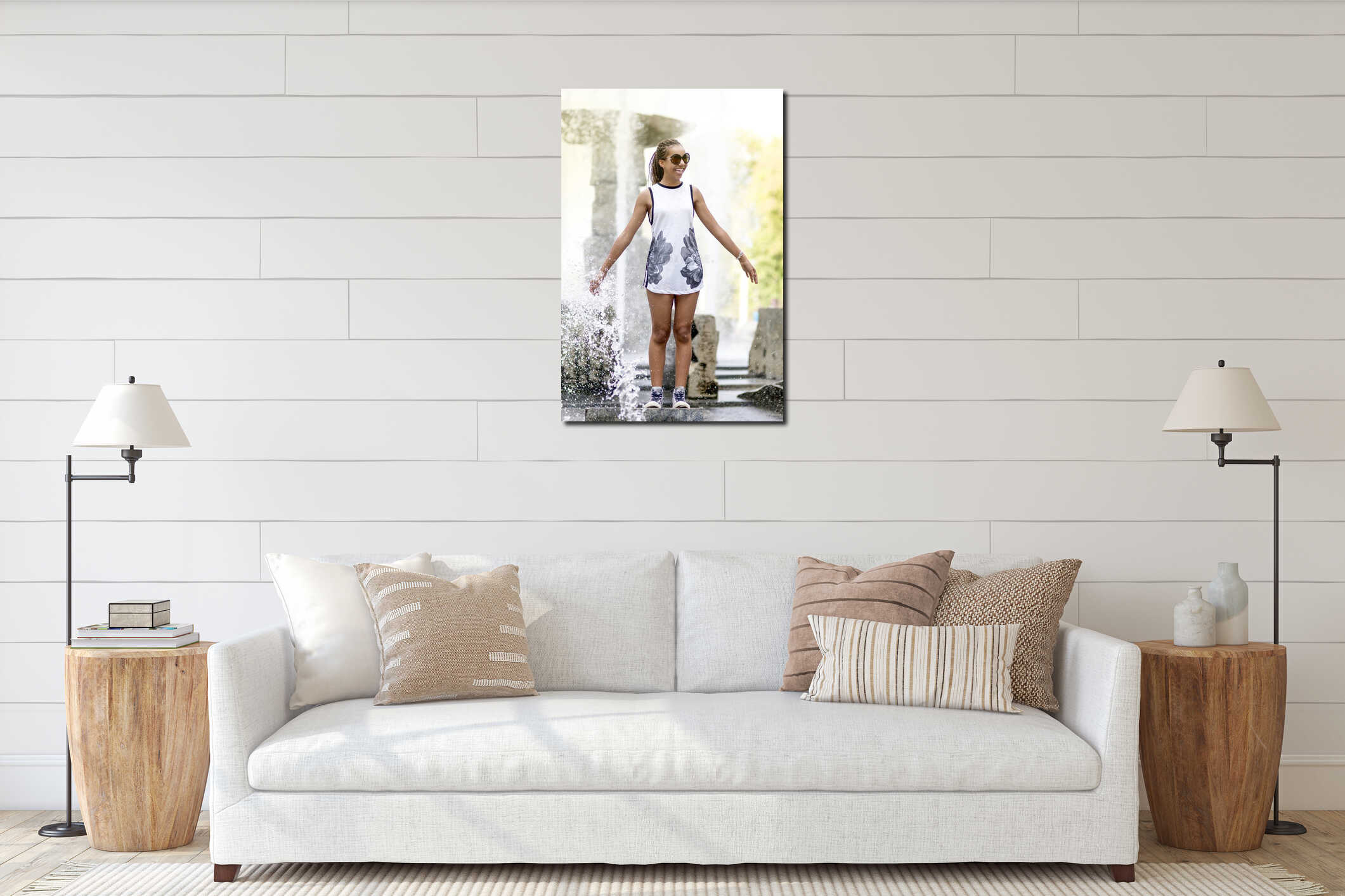 Portrait of Smiling Funny African American Teenager Girl with Dreadlocks Enjoying With Fountain interior mockup