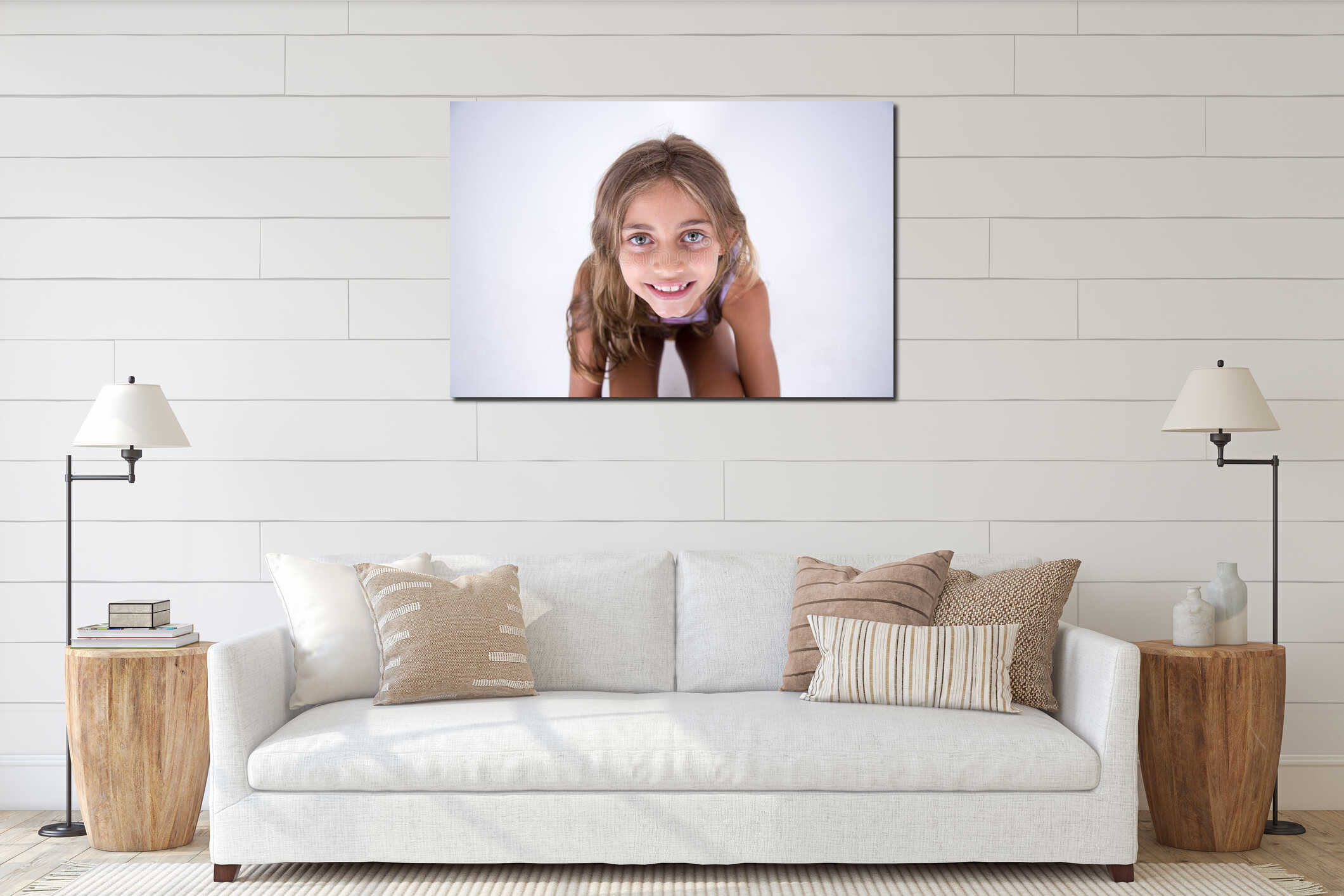 Happy blond girl looking at the camera from front interior mockup