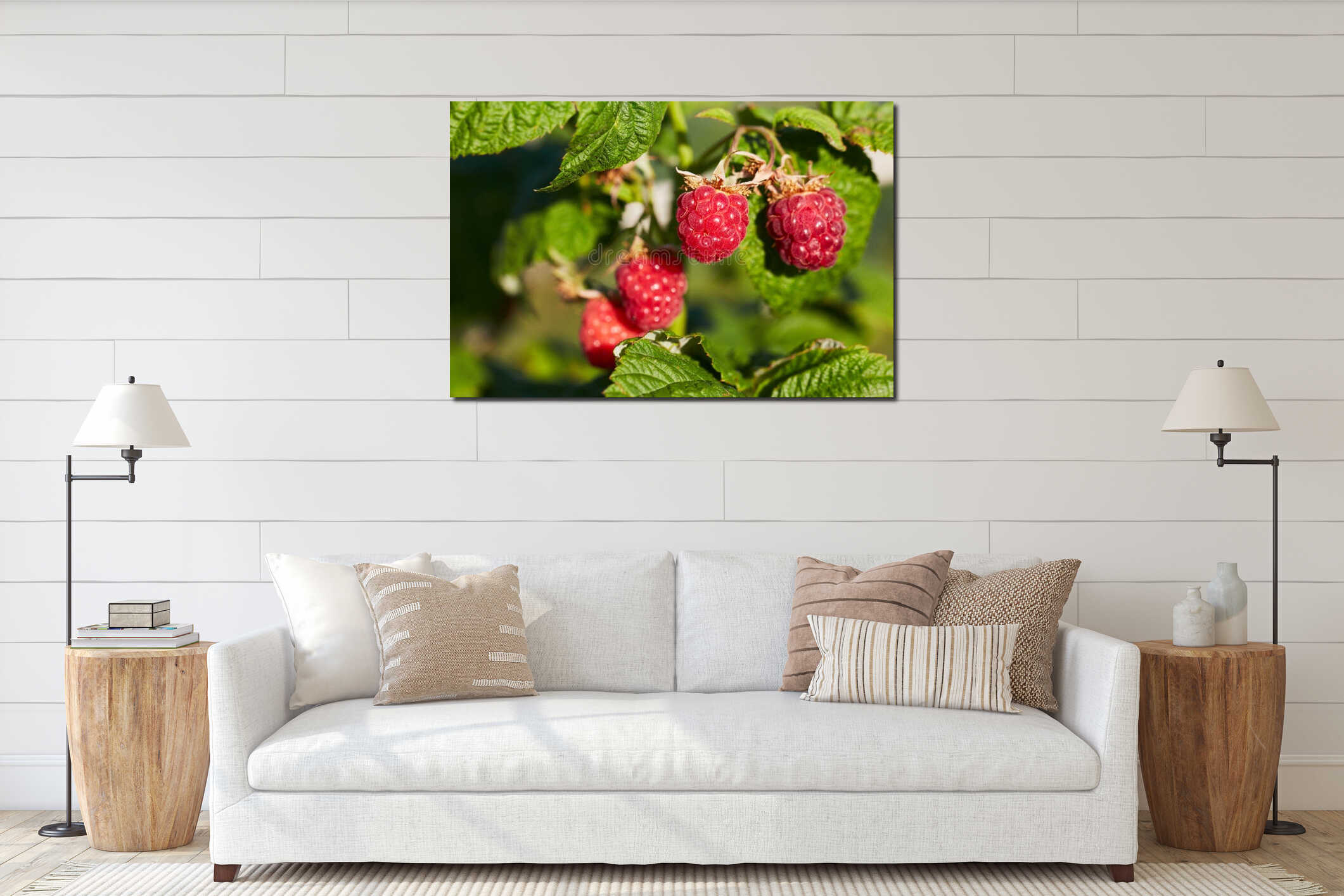 Bunch of ripe red raspberries interior mockup