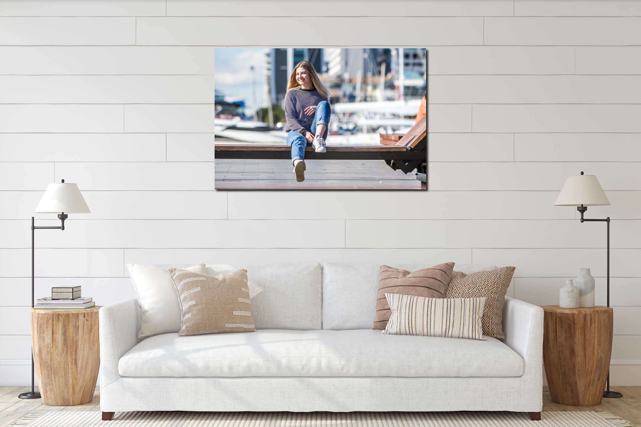 Outdoor portrait of young happy smiling teen girl on marine back interior mockup