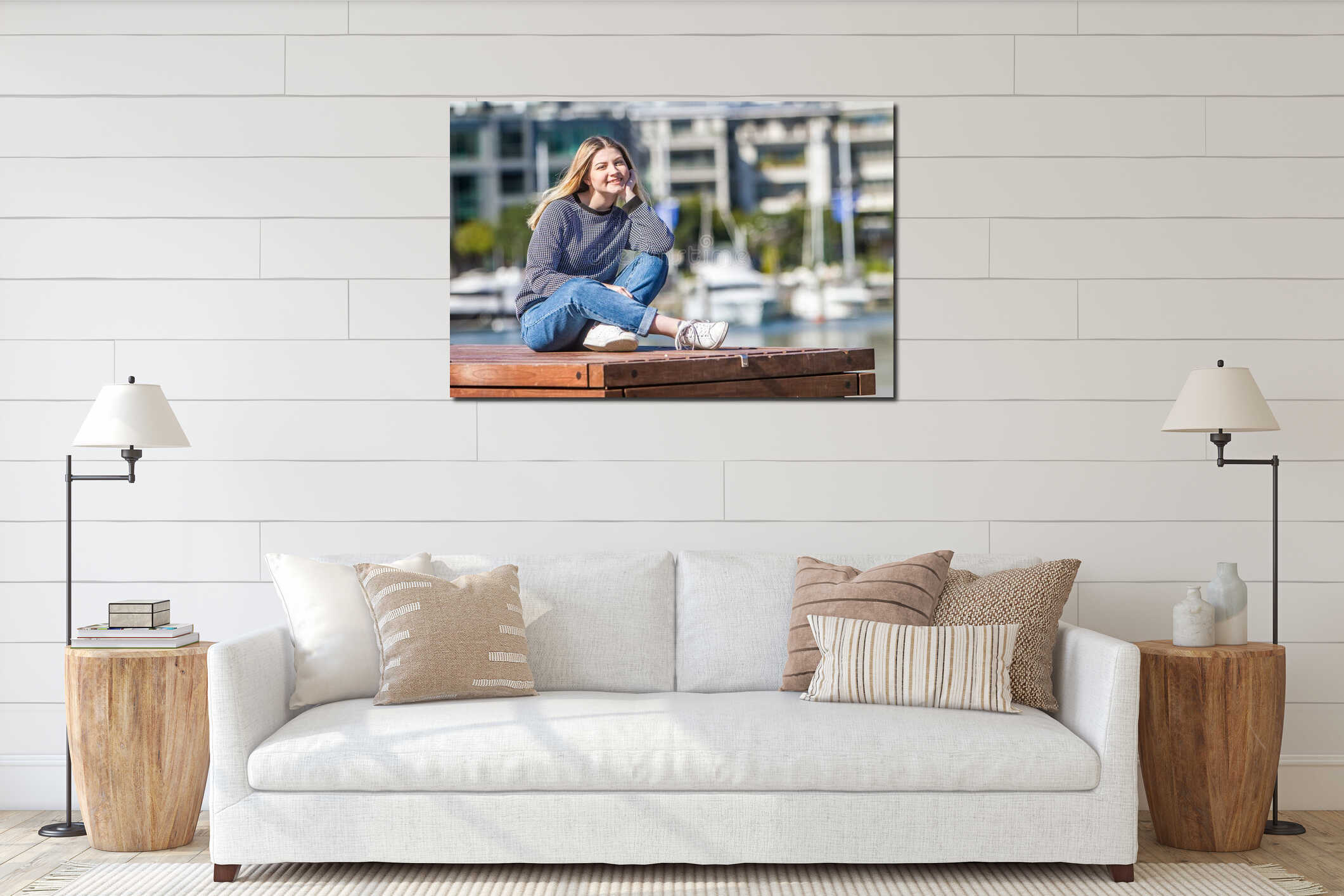 Outdoor portrait of young happy smiling teen girl on marine back interior mockup