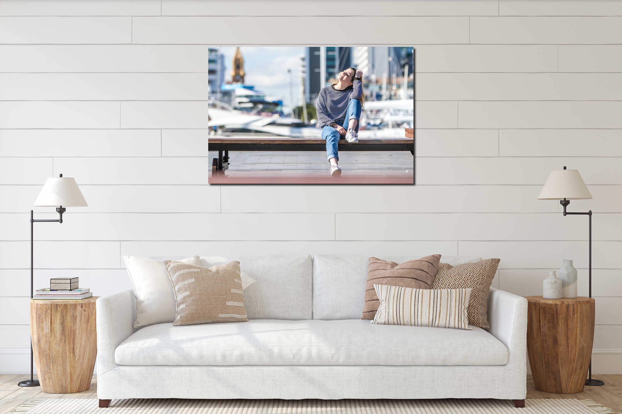 Outdoor portrait of young happy smiling teen girl on marine back interior mockup