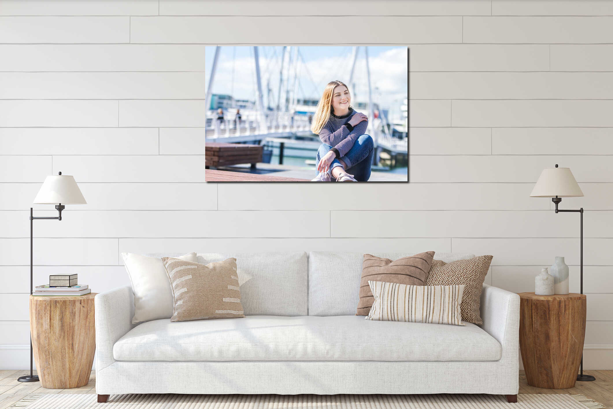 Outdoor portrait of young happy smiling teen girl on marine back interior mockup