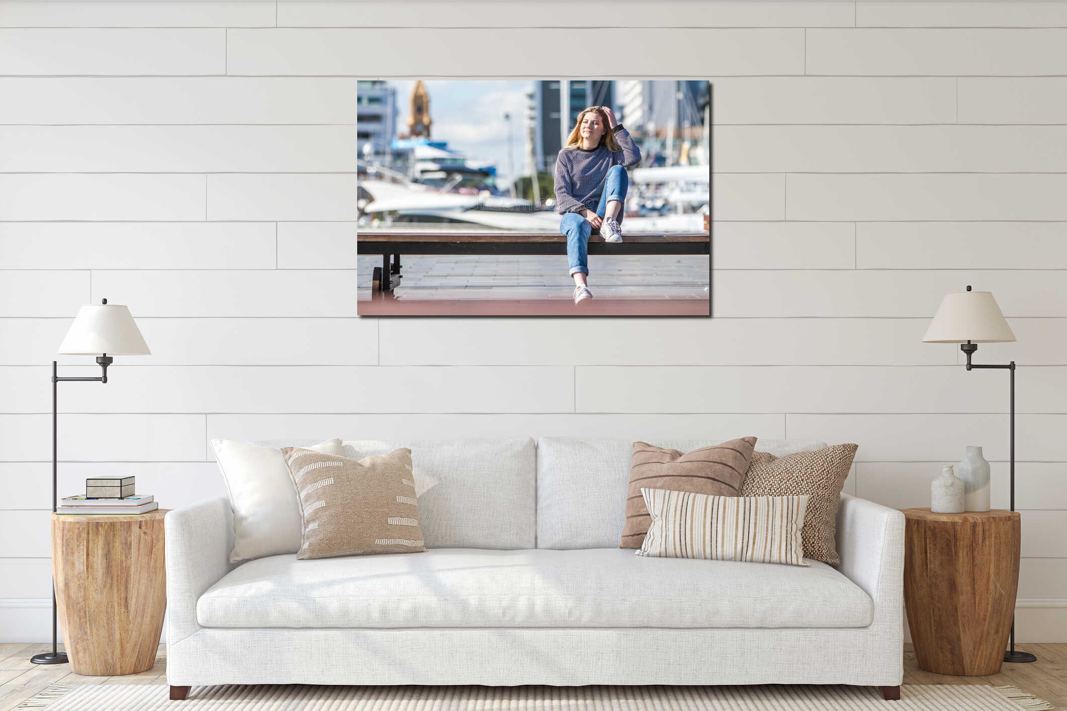 Outdoor portrait of young happy smiling teen girl on marine back interior mockup