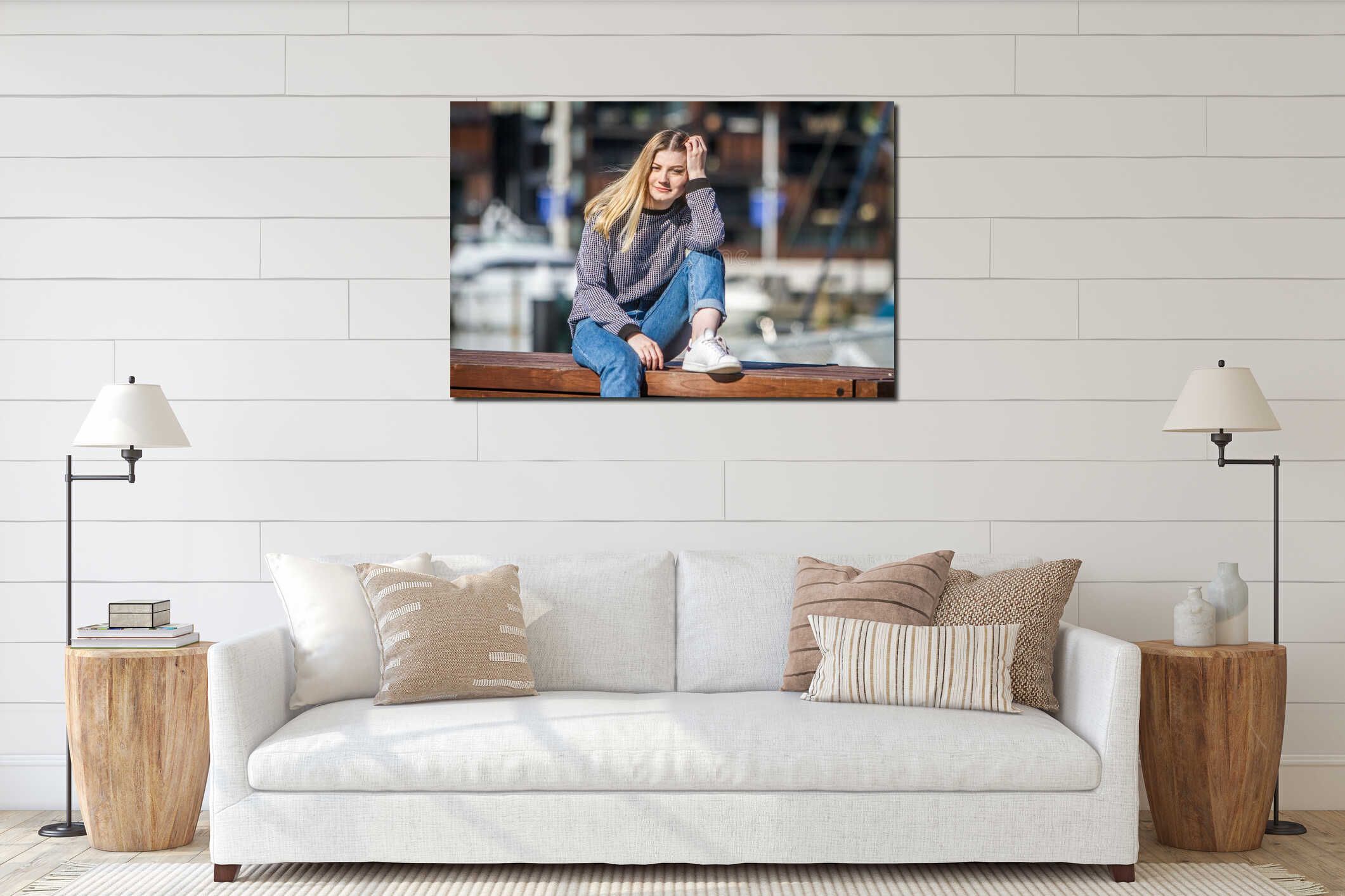 Outdoor portrait of young happy smiling teen girl on marine back interior mockup