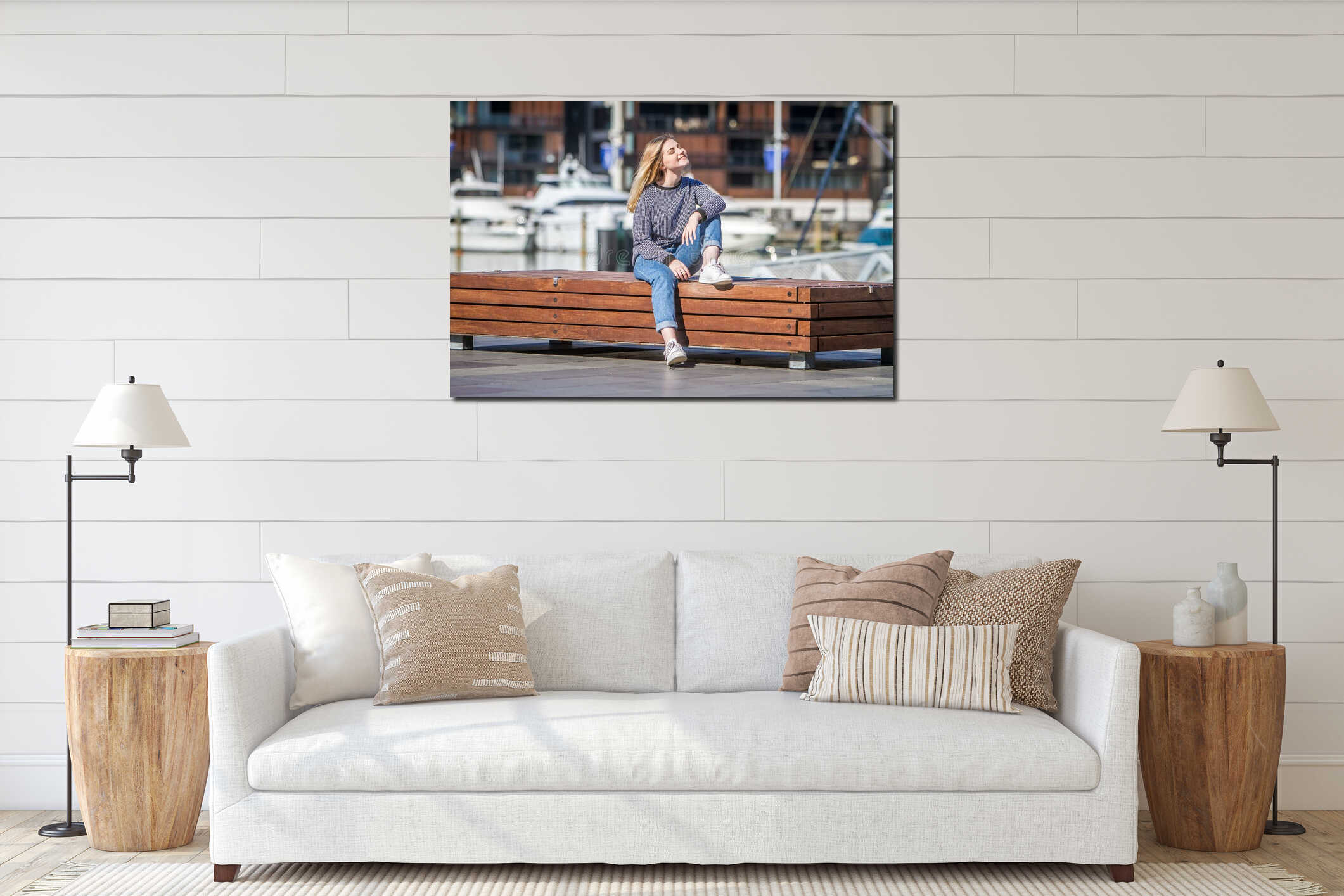 Outdoor portrait of young happy smiling teen girl on marine back interior mockup