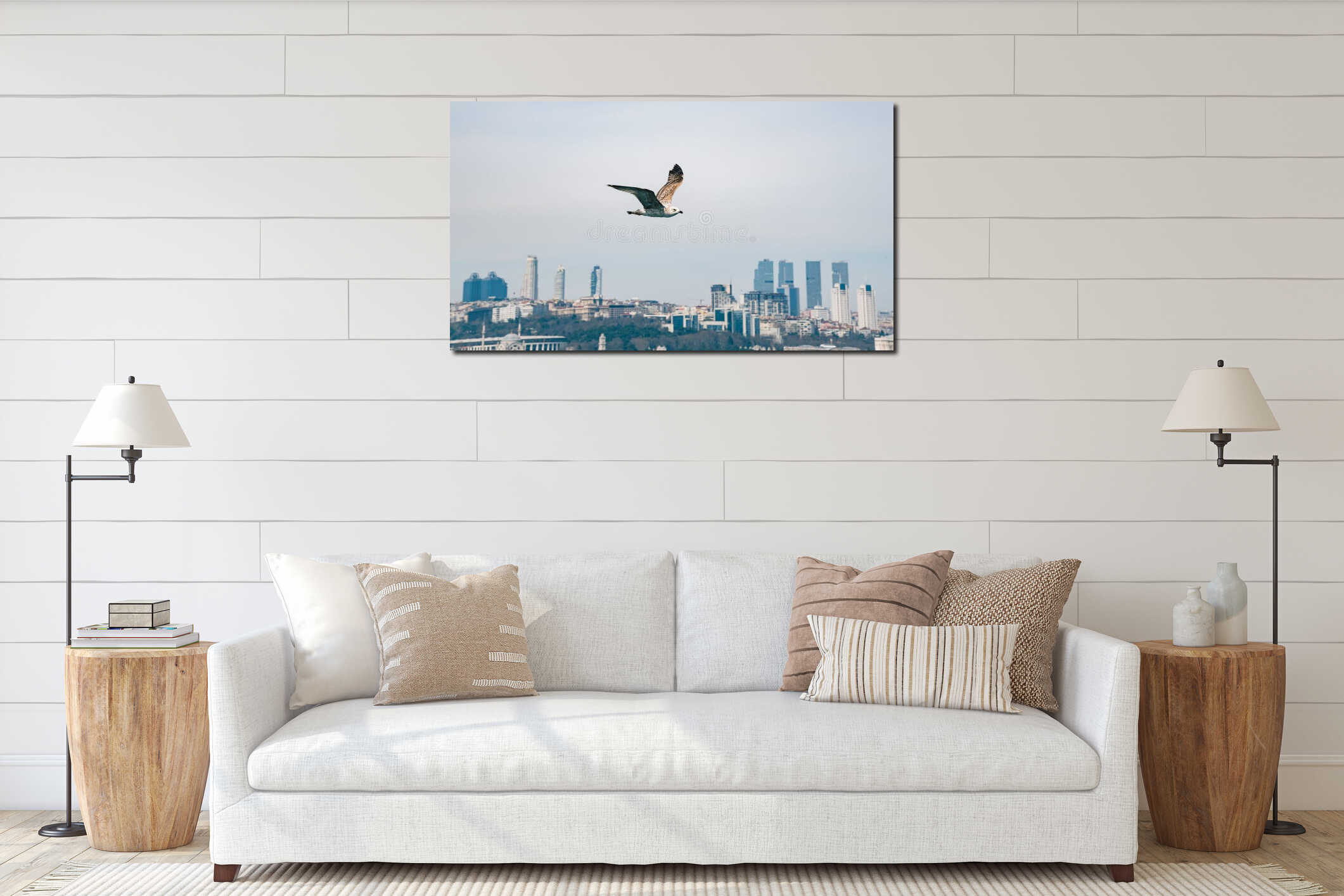 Seagull in focus flying in front of Istanbul cityscape Turkey interior mockup