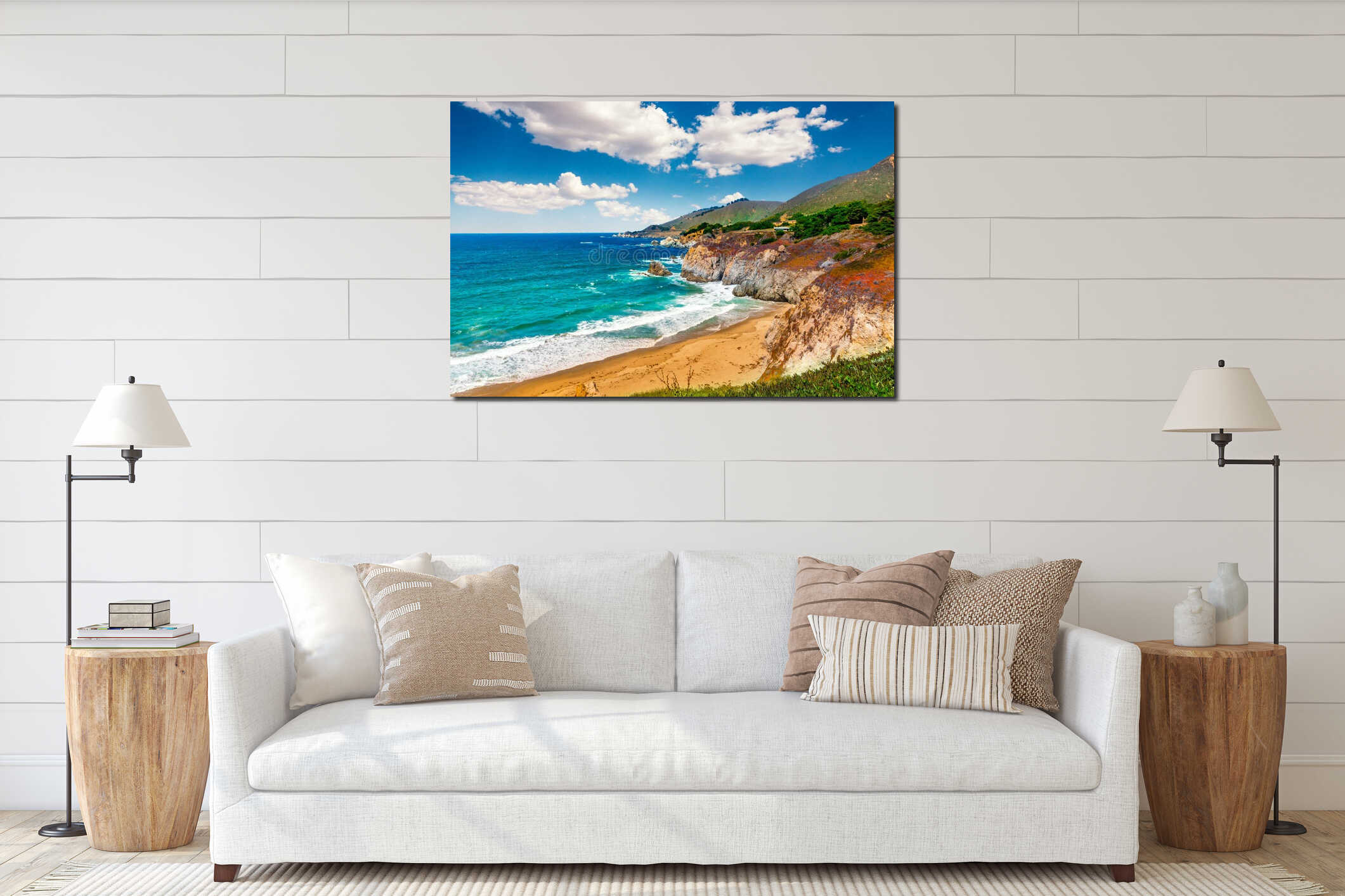Beautiful coastline scenery on Pacific Coast Highway 1 at the US West Coast traveling south to Los Angeles, California interior mockup