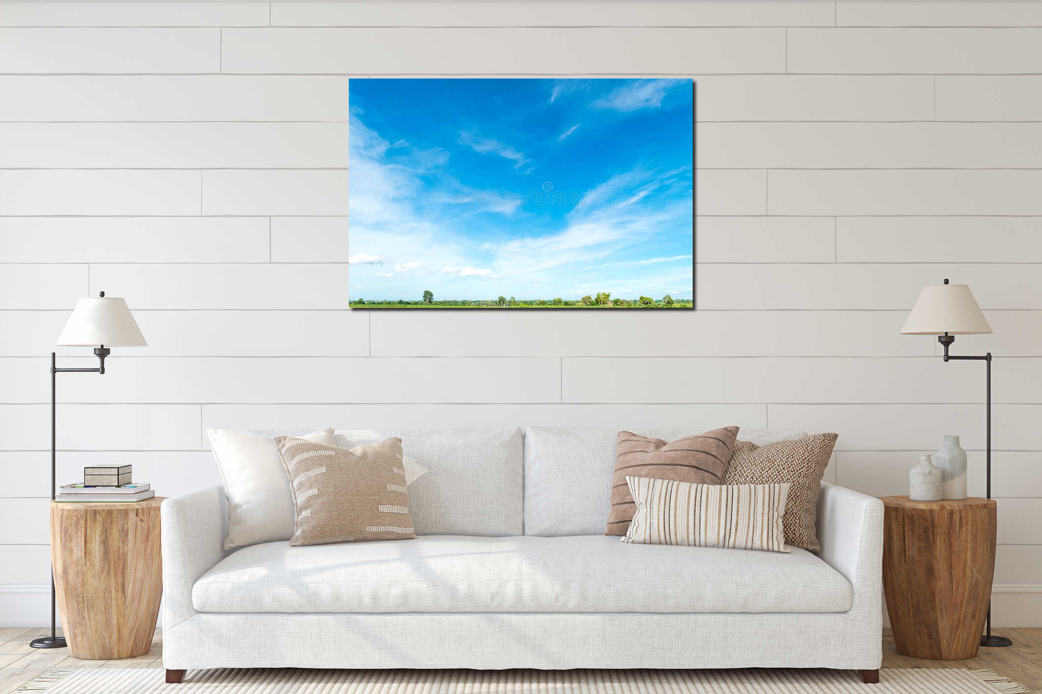 Blue sky and cloud with tree. interior mockup