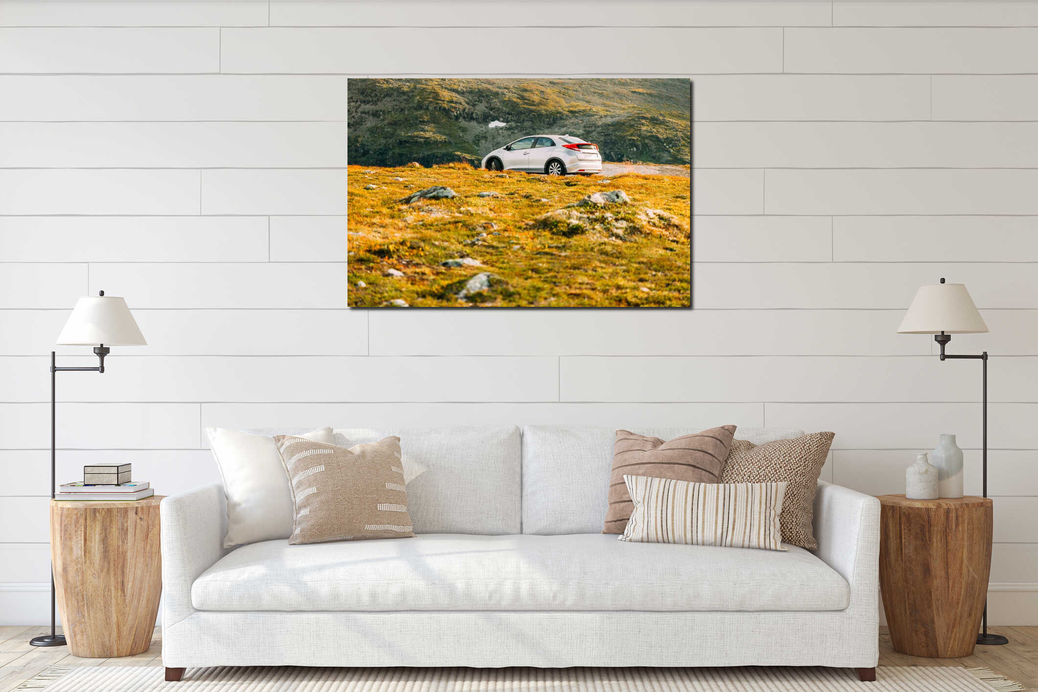 Hatchback Car On In Summer Mountains Landscape In Norway. Drive interior mockup